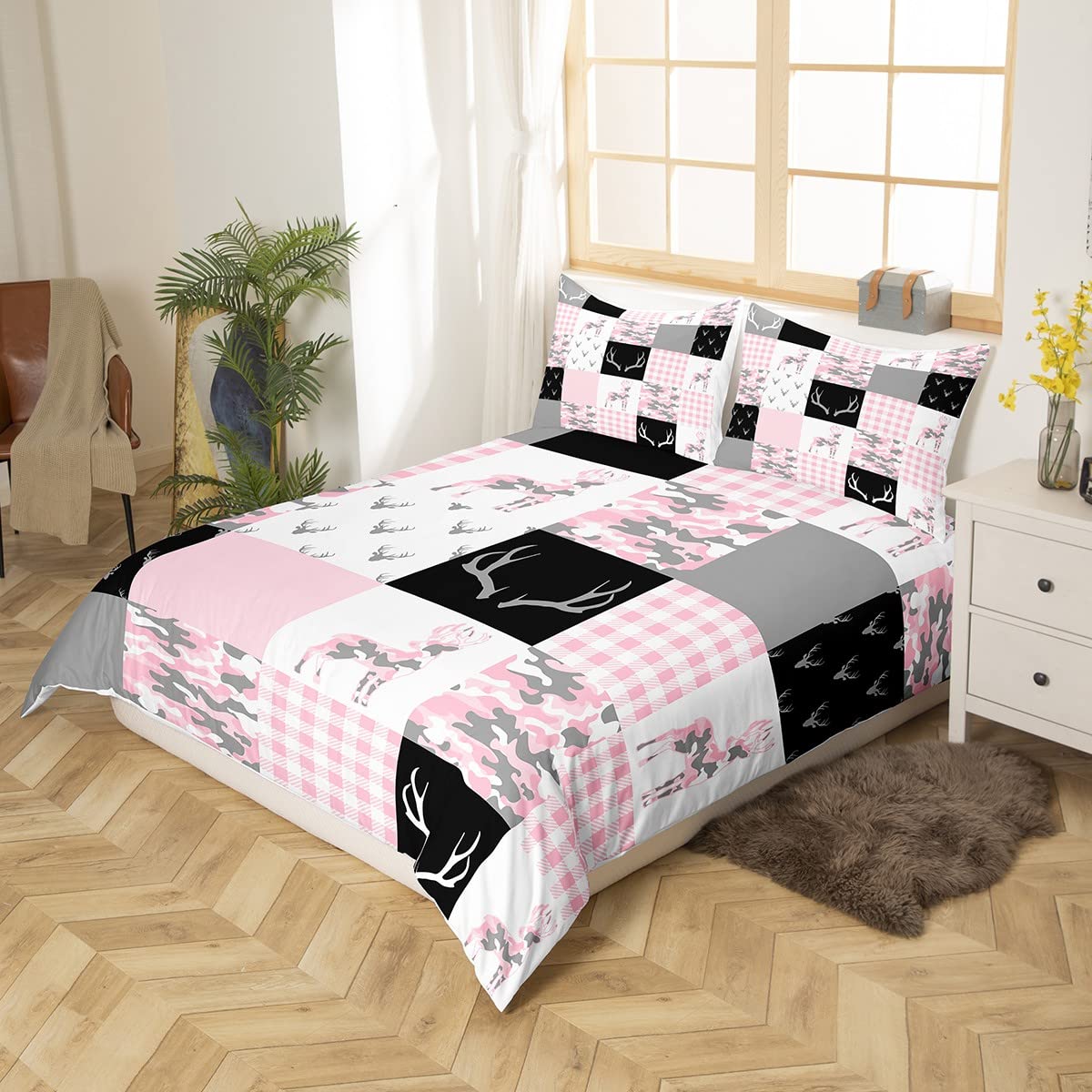 Manfei Kids Pink Camouflage Duvet Cover Set Twin Size, Wild Animal Deer Antlers Print Comforter Cover with 1 Pillowcase, Pink Black White Grid Plaid Camo Print Bedding Set 2pcs for Girls,No Comforter