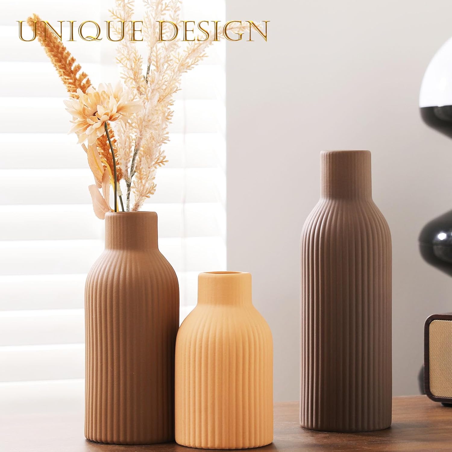 Ceramic Vase Set of 3 - Handcrafted Ceramic Vases for Home Decor & Shelf - Modern Farmhouse Decor for Kitchen, Office, Bedroom & Living Room Decorative Objects for Mantel, Table Centerpieces - Image 6