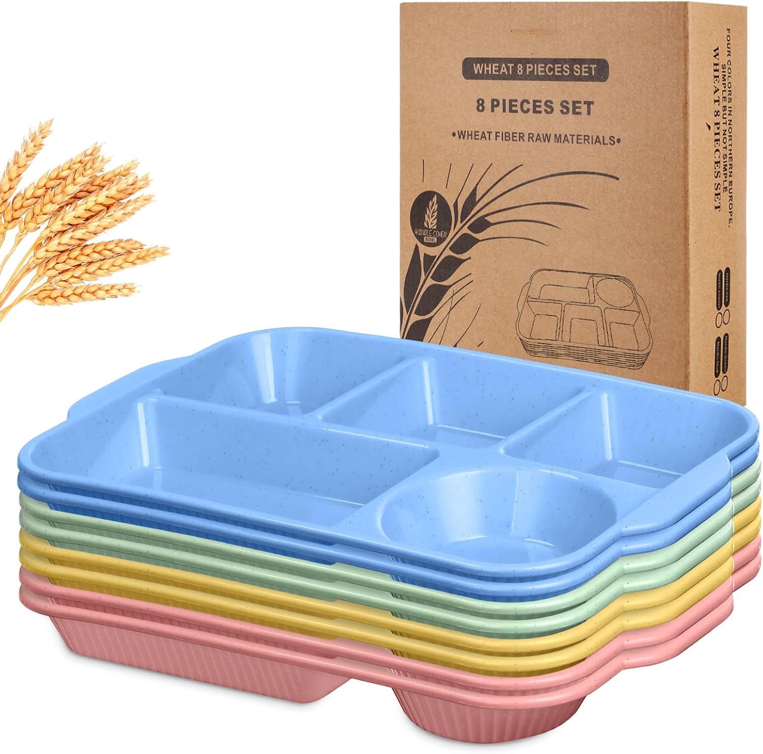 Pinkunn 8 Pcs 13'' Large Divided Plates Unbreakable Wheat Straw Dinnerware Lunch Trays Lightweight Reusable Plastic Compartment Microwave Dishwasher Safe Separator Plates (Fresh)