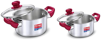 Prestige Platina Popular Gas and Induction Compatible Casserole with Glass Lid, 240 mm, 5.5 Litre & Prestige Platina Popular Gas and Induction Compatible Casserole with Glass Lid, 200 mm, 3 Litre