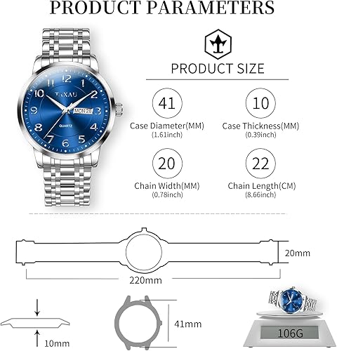 Miniatura 5 de Relojes de vestir para hombre, reloj analógico impermeable con fecha de día, reloj de pulsera de acero inoxidable de lujo con números arábigos