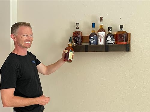 Miniatura 7 de RELODECOR Estante de exhibición de botellas de licor, estante de bar para whisky, vino y bourbon - Estantes rústicos de madera montados en la pared,