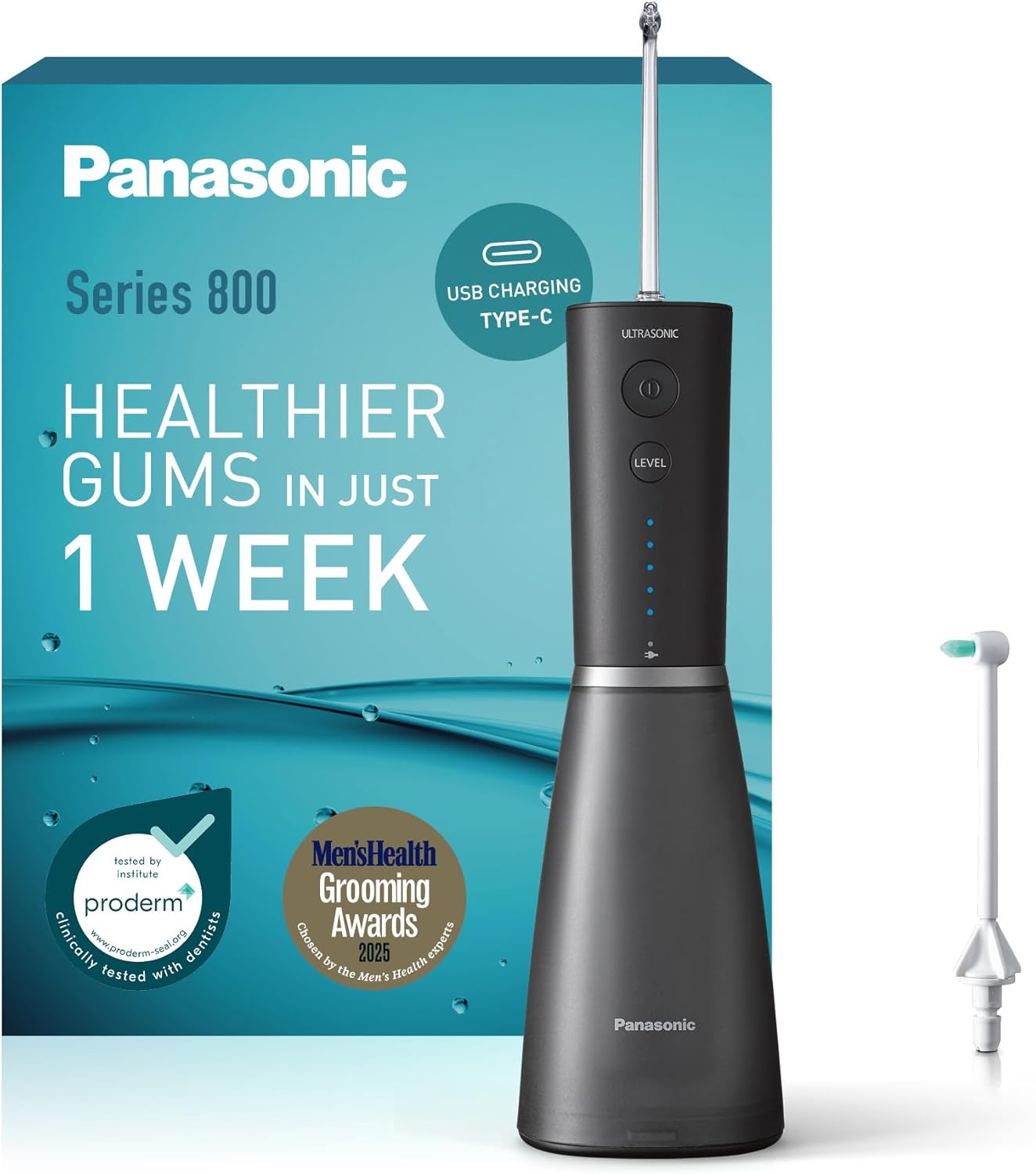 Panasonic Series 800 Ultrasonic Irrigateur EW-DJ86-K503, Hydropulseur Dentaire, Jet dentaire, 200ml, 1 Buse Orthodontique & Ultrasonique, 5 Réglages de Pression, Accesoire de Voyage, USB-C, Noir