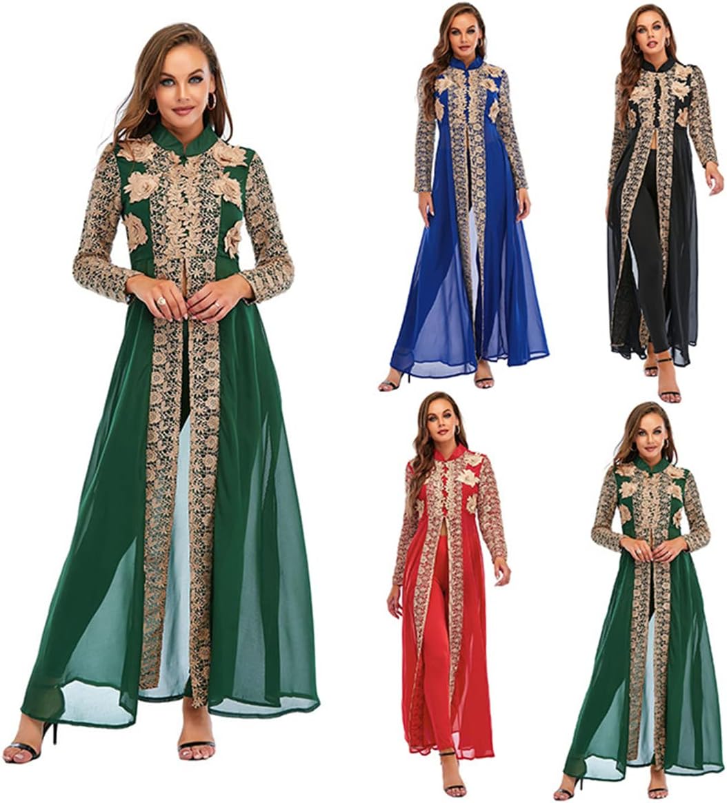 Dubai Vintage 2PCS Abaya Set:Gold Embroidered Floral Chiffon Dress and Pants,African Dashiki Maxi