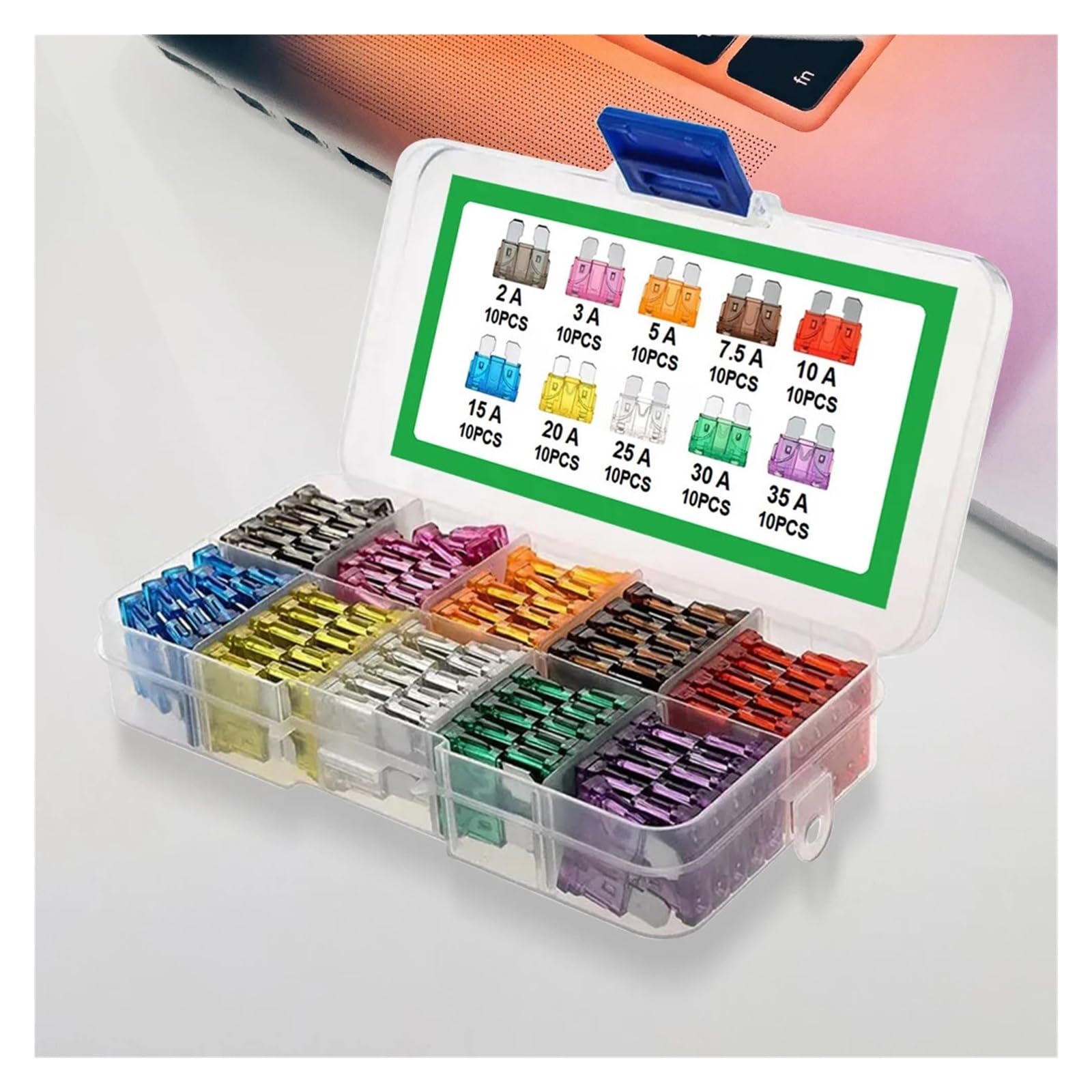 Juego de fusibles tipo cuchilla de 100 Uds., 2A, 3A, 5A, 7,5A, 10A, 10 tipos, surtido de coche con caja, Kit surtido de tipo cuchilla