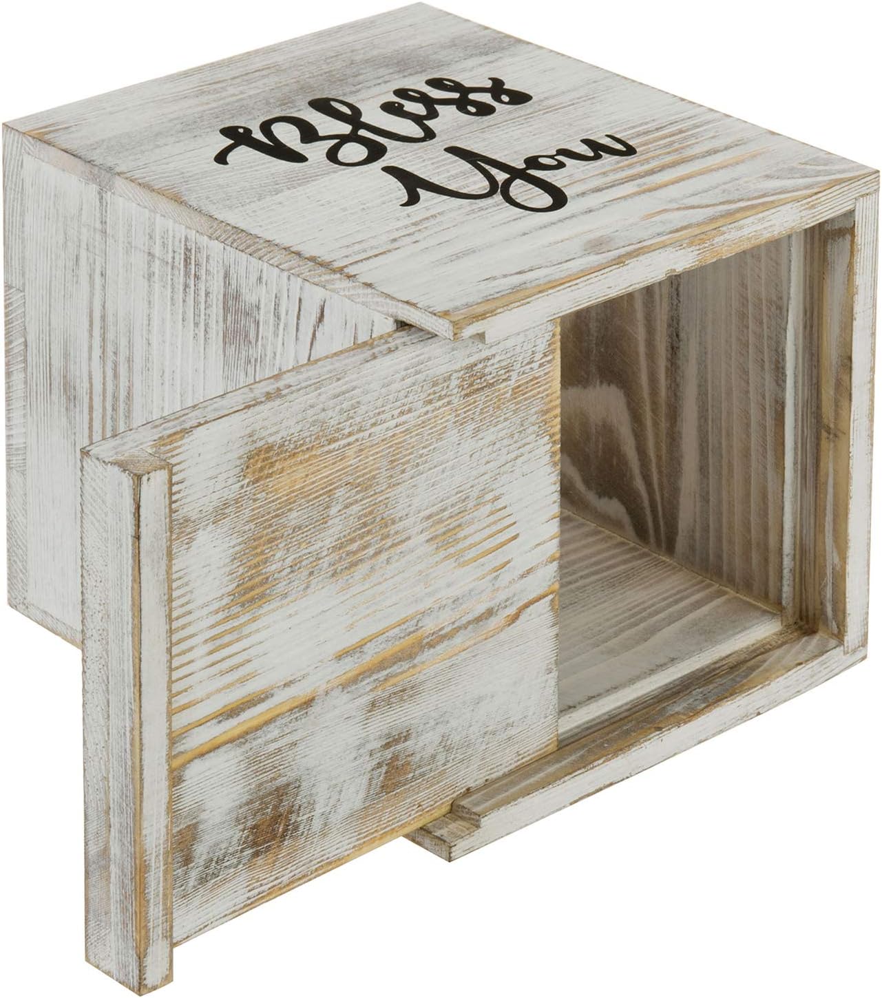MyGift White Washed Solid Wood Square Tissue Box Cover Holder Decorative Tissue Dispenser Bath Decor with Bless You Design and Easy Refill Slide Out Bottom