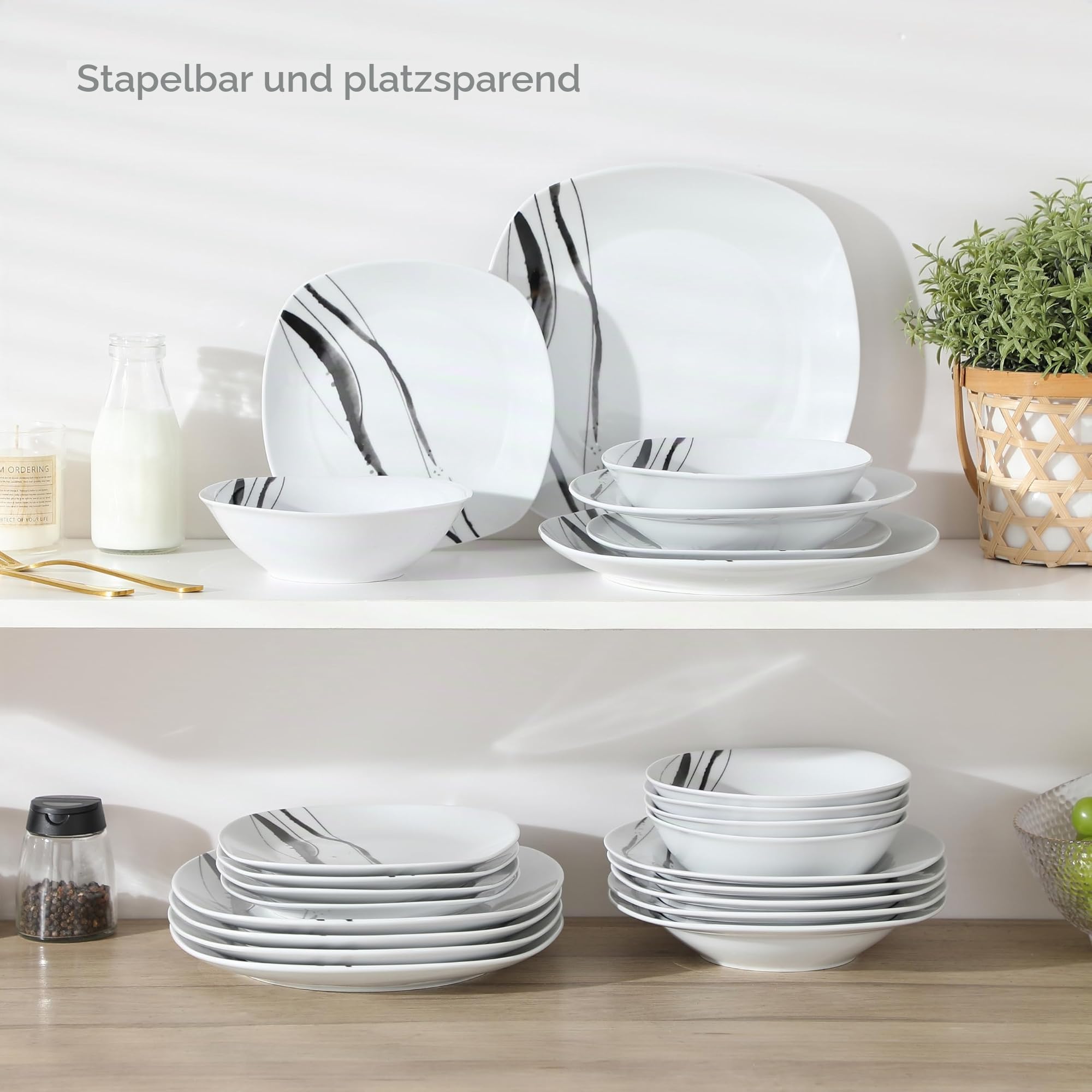 VEWEET Tafelservice 'Teresa' aus Porzellan, 48-teilig | Geschirrset beinhaltet Speiseteller, Dessertteller, Müslischalen und Suppenteller | Geschirrservice für 4-12 Personen