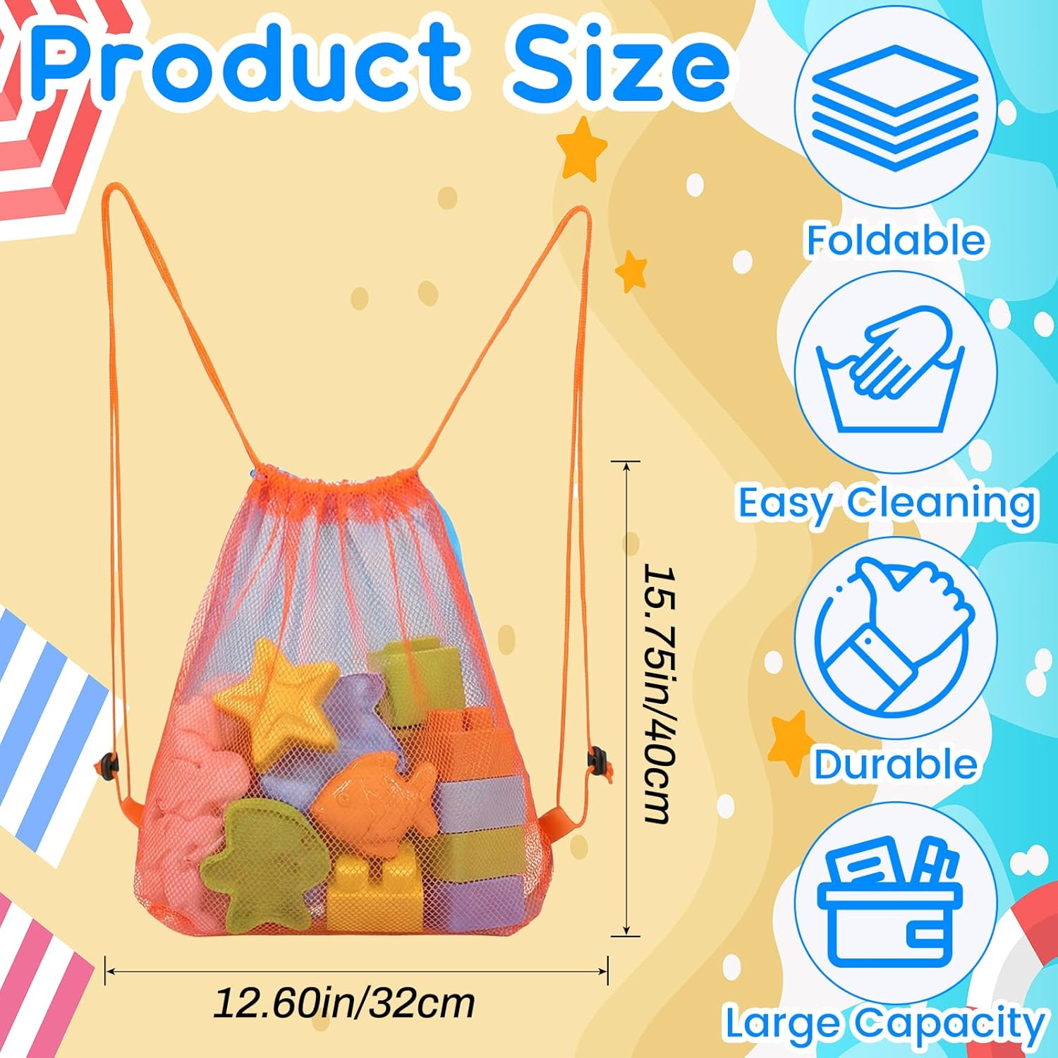 2PCS Mesh Drawstring Backpack Beach Toys Bag Sand Toy Bags Vacation Essentials Shell Collecting Bag Beach Must Haves Box Toys Seashell Bags