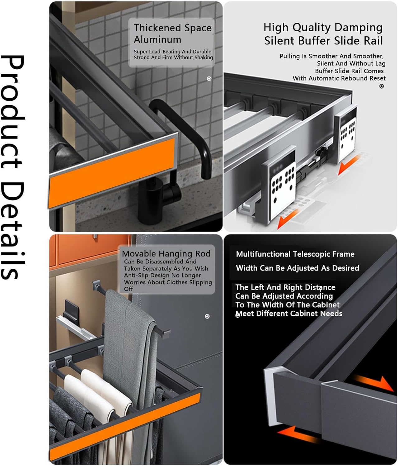 Invisible Drying Rack - Space-Saving Aluminum Alloy Trouser Rack for Wardrobe, Pull-Out Basket Organizer (Orange, 714-764mm) - Ideal for Laundry Room & Home Storage