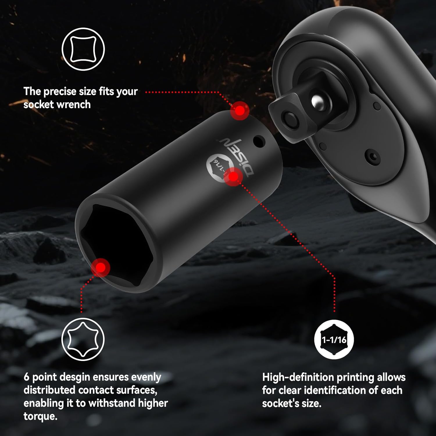 DISEN 65 Pieces 1/2" Drive Impact Socket Set, Metric (10-24mm) & SAE (3/8" to 1-1/4"), 6 Point Cr-V Alloy Steel for Auto Repair, Include Extension Bars, Adapter, Rugged Construction, Storage Case - Image 4
