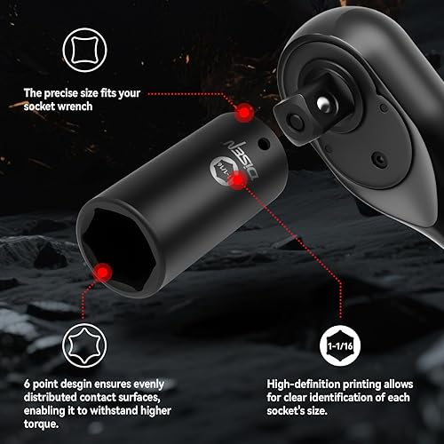 Miniatura 4 de DISEN Juego de llaves de impacto SAE de 19 piezas, 1/2 pulgada, enchufes profundos de 3/8 a 1-1/2 pulgadas, 6 puntos Cr-V y acero aleado, juego