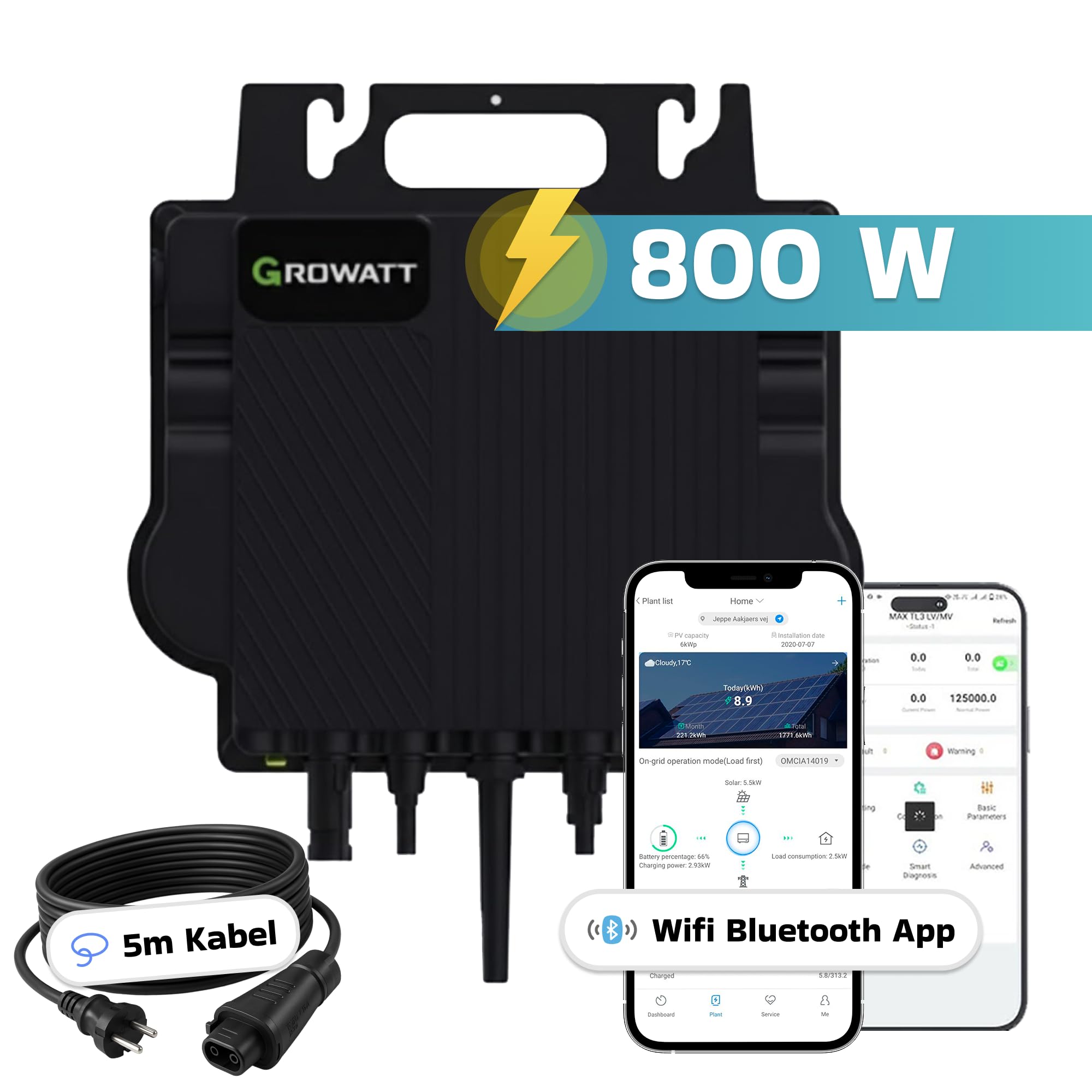 SUNNIVA® 1000W Balkonkraftwerk BIFAZIAL FULLBLACK komplett Steckdose GROWATT NEO-800M-X 800 Watt Wechselrichter, Solaranlage Komplettset, 2x 500W N-Type Glas Bifacial Solarmodule, 5m Kabel