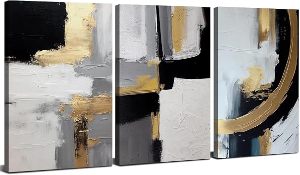 Set of 3 Abstract Canvas Wall Art Modern Grey and Gold Wall Pictures for Living Room Neutral Abstract Framed Wall Prints Black and White Hallway Decor for Home Office Bedroom 30x40cm