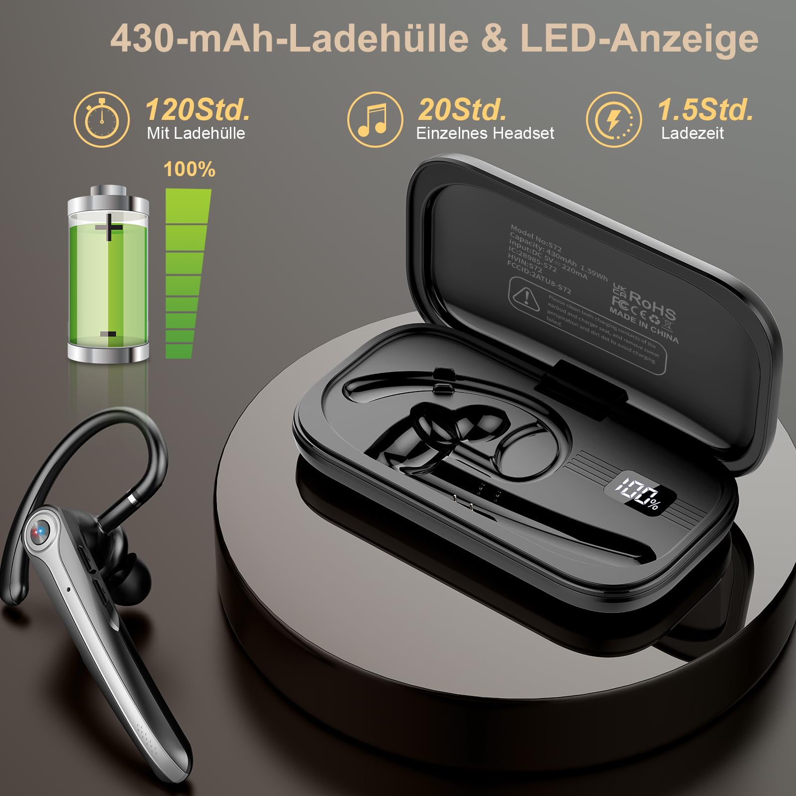 Bluetooth Headset V5.4 Wireless Freisprech Telefon mit CVC 8.0 und ENC Dual Mikrofon, Bluetooth Ohrhörer kabellos mit 25h Sprechzeit, 120h Standby Headset Handy für Autofahren Büro Business, Schwarz