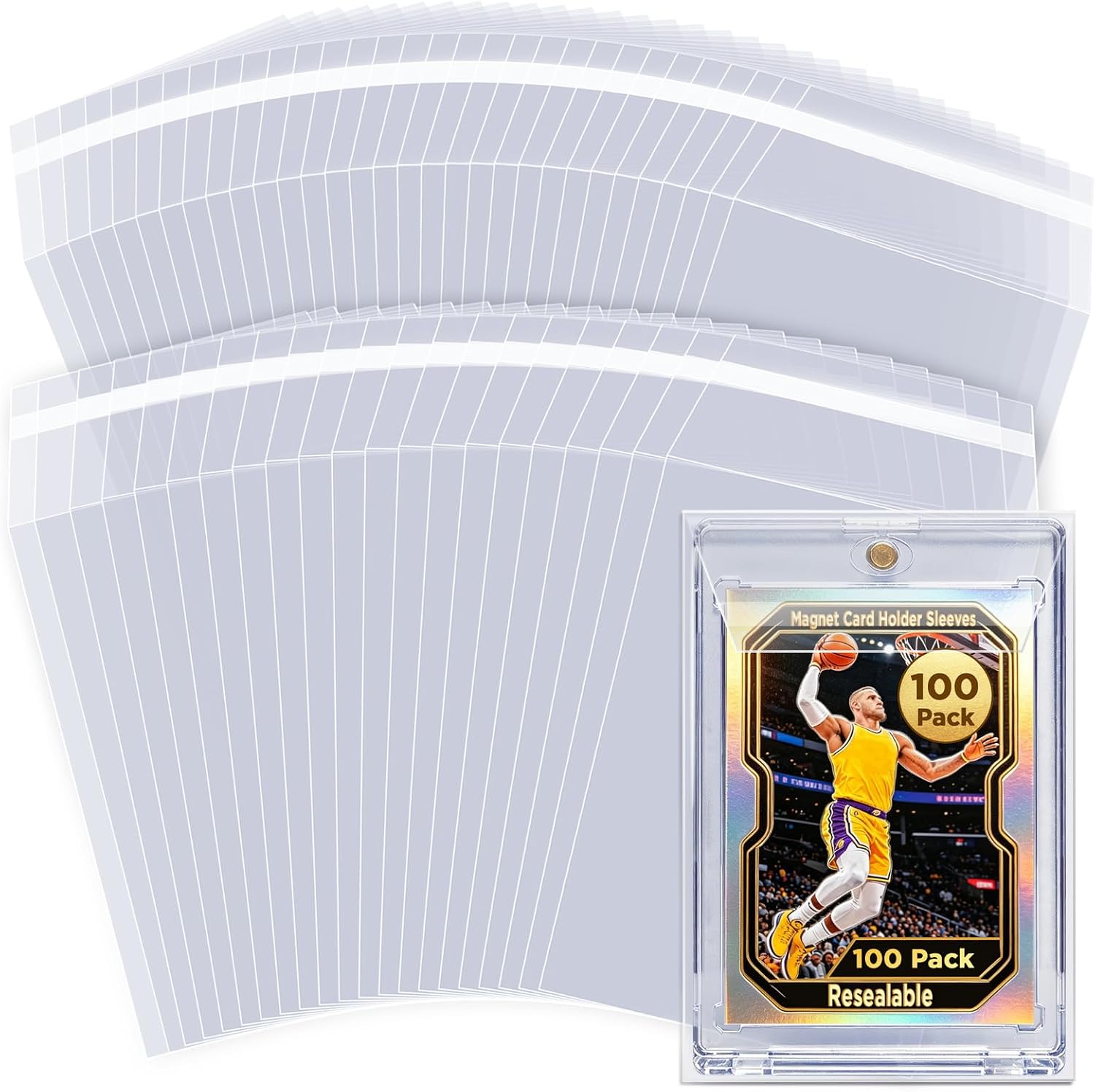 Resealable Team Bags for Magnet Card Holders – 100 Pack, Clear Self-Seal Sleeves Fit 35PT to 130PT Magnetic Holders, Protective Storage Bags for Trading Cards Collection