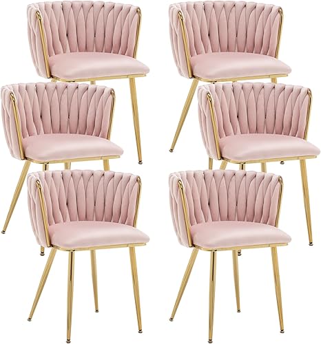 Miniatura 29 de Kiztir Juego de 4 sillas de comedor de terciopelo modernas tapizadas con respaldo tejido y patas de metal dorado para sala de estar, dormitorio,