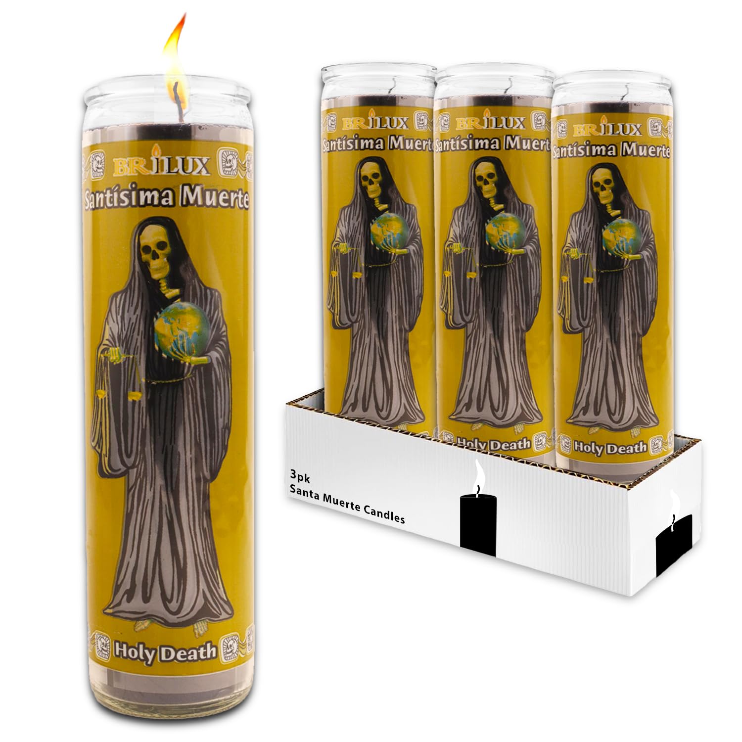 Santa Muerte 8 Inch Black Religious Candles 3 Pack - Bundle with 3 Holy Death Candles for Vigils, Prayers, Blessing Ceremonies, and More | Black Santa Muerte Devotional Candles