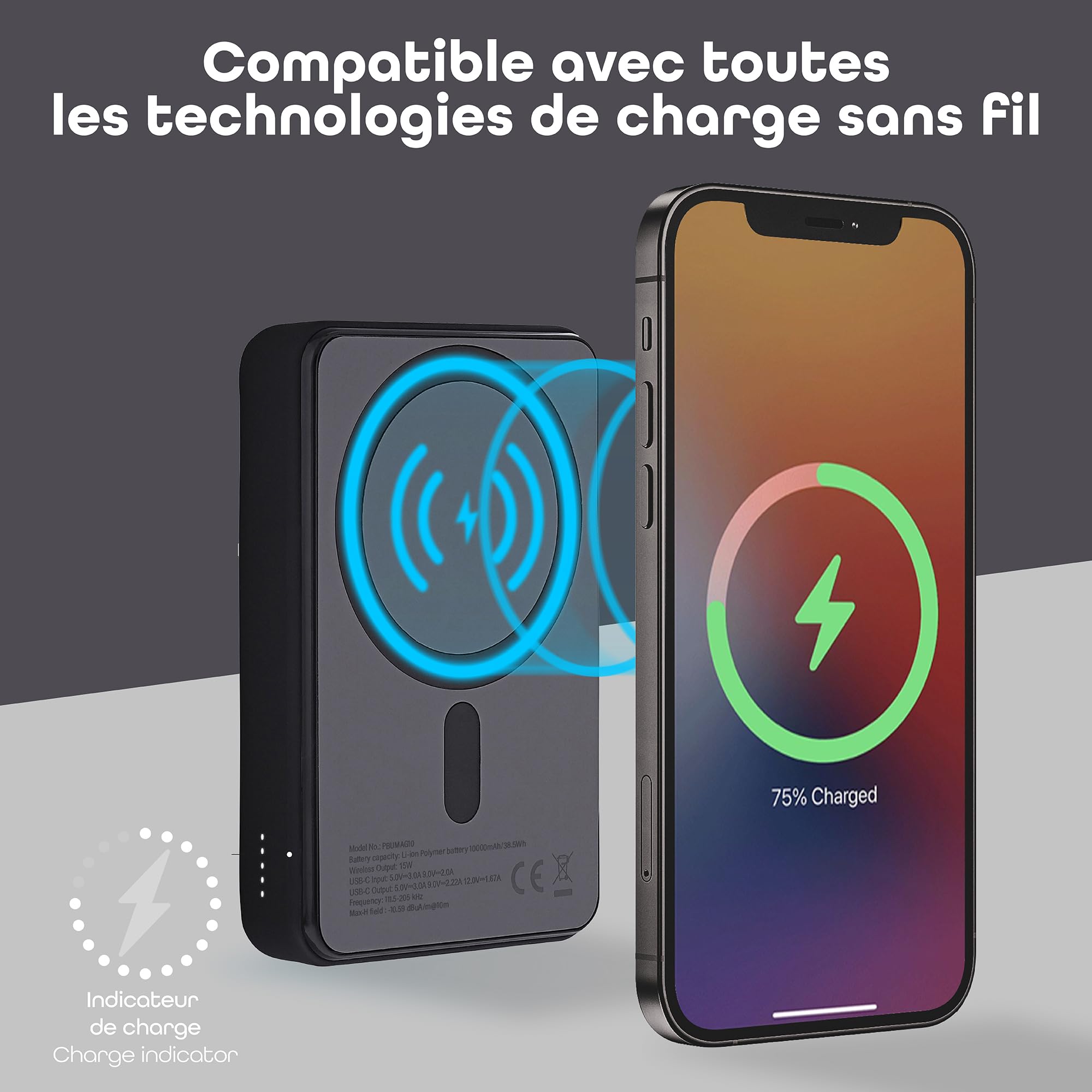 T'nb - Batterie de Secours MagSafe 10 000 mAh, Recharge sans Fil et USB-C 20W, Fonction Support Intégré, Indicateurs LED, Plastique Recyclé - Gris