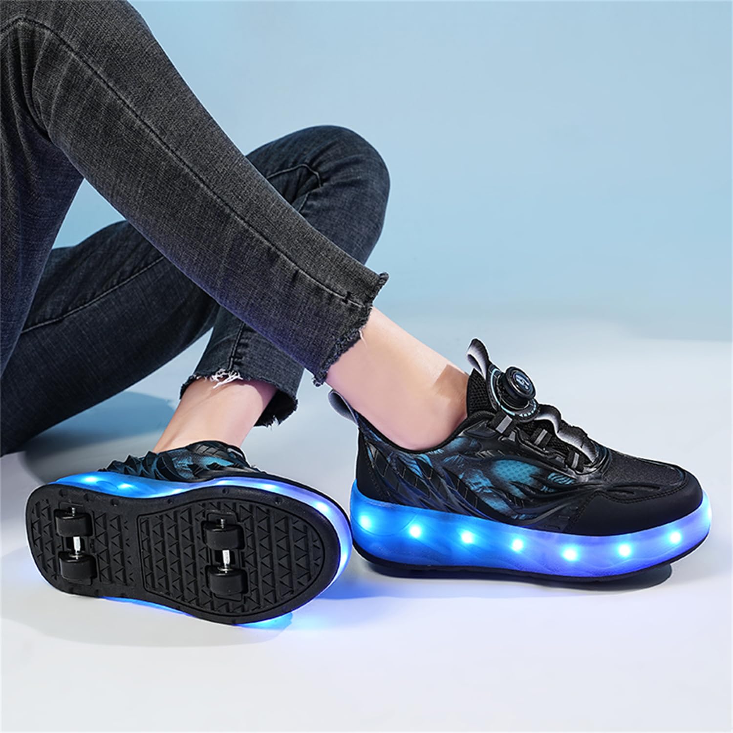 Unisex Kinder LED Licht USB Wiederaufladbar Skateboardschuhe mit Vier Rollen,Abnehmbar, Stabiler und Sicherer Outdoor Sport Fitnessschuhe Gymnastik Running Sneaker für Jungen Mädchen