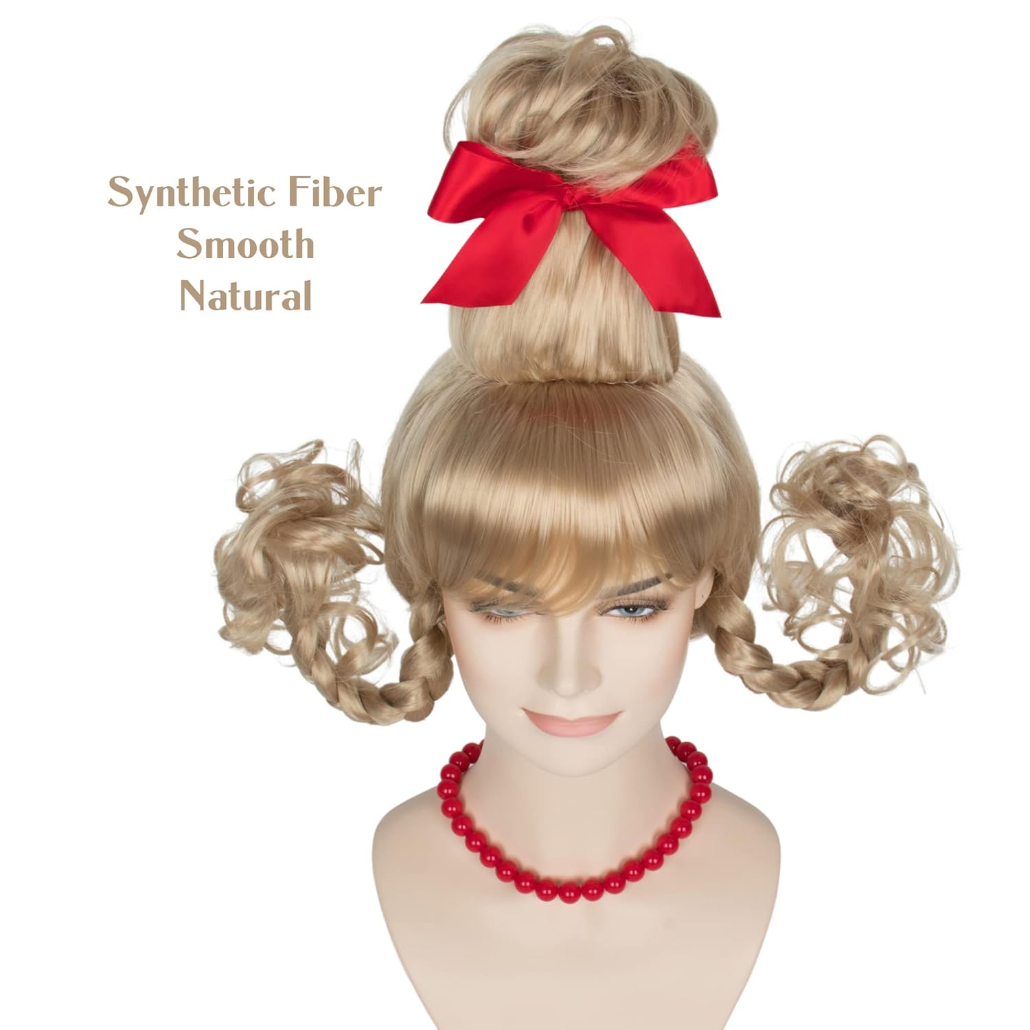 Christmas Blonde Wig with Red Bow and Necklace Girls Women Long Braids Christmas Costume Wig Accessory - Image 8