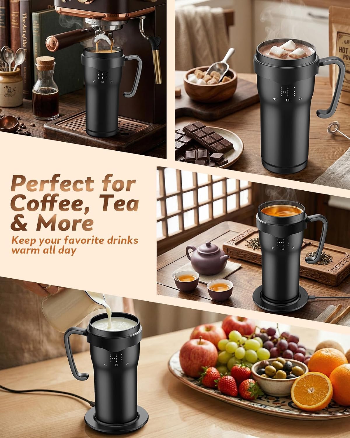 Self Heating Coffee Mug, 16oz Temperature Control Smart Mug with App & Touch Control, 120°F-160°F Rechargeable Heated Mug, Heating Base, LED Display & Memory Function for Home Office, Car