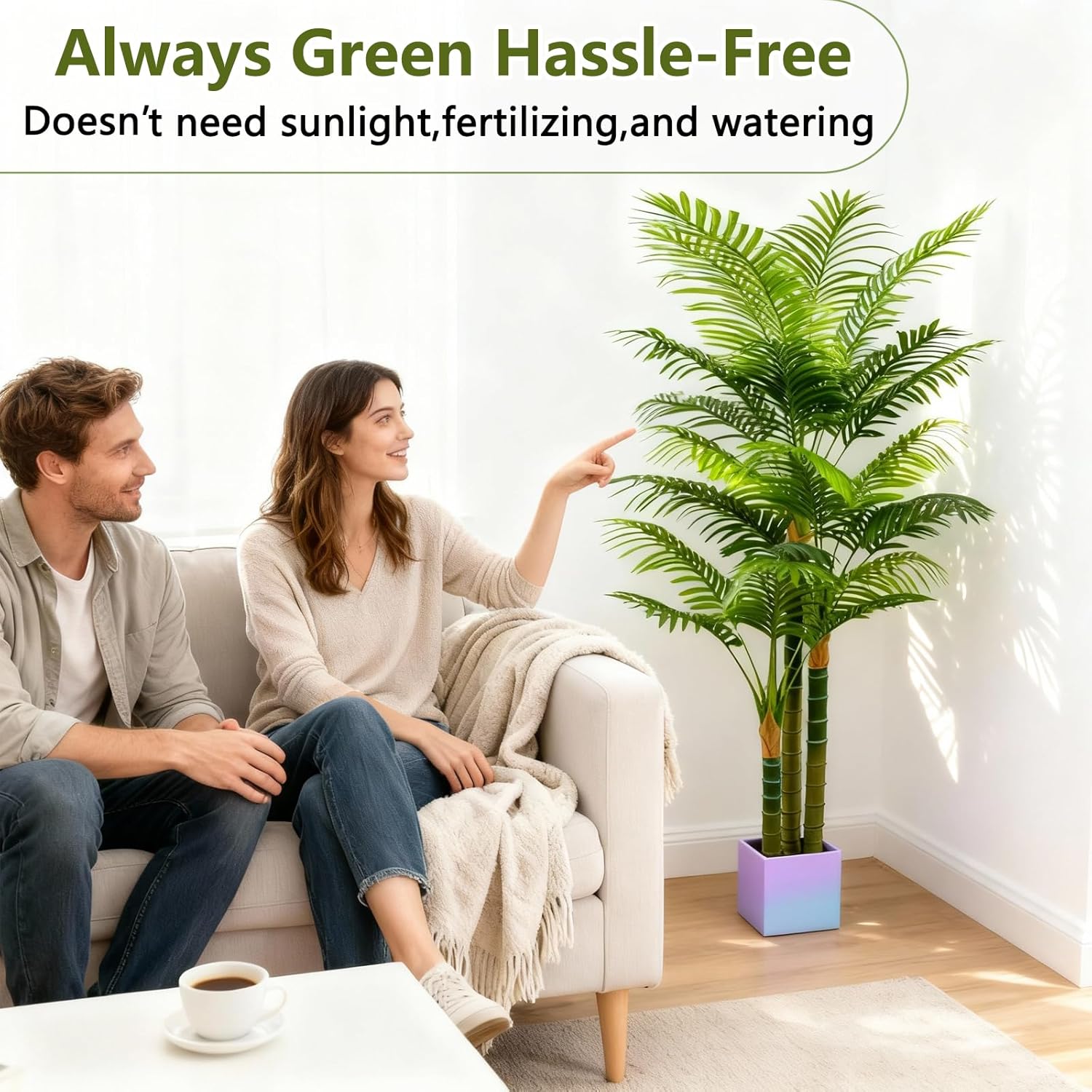 4FT Tall Golden Cane Artificial Palm Tree, Large Faux Palm Tree with 3 Textured Trunks, Outdoor Artificial Plants, Fake Tree for Indoor Office Living Room Outside Patio.