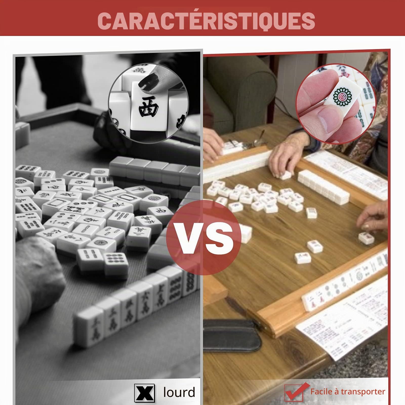 Dyna-Living Jeu de Mahjong chinois, structure solide, facile à lire, lot de 144 carreaux de Mahjong, 2 dés et étui de transport en cuir, les fêtes, les jeux familiaux