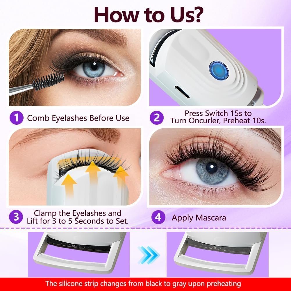 Heated Eyelash Curler with Eyebrow Spoolie, Portable Electric Eye Lash Curler - 3-Level Adjustable Temp & 10s Fast Heat, Anti-Burn Eyelid, 24 Hours Long Lasting Natural Effortless Curves
