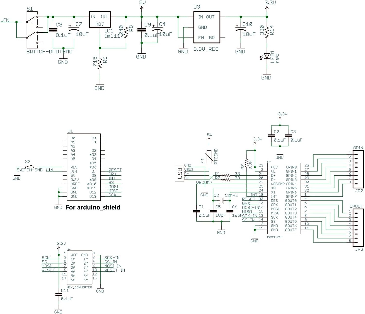 Principal view of the Mini USB Host Shield 2.0 board