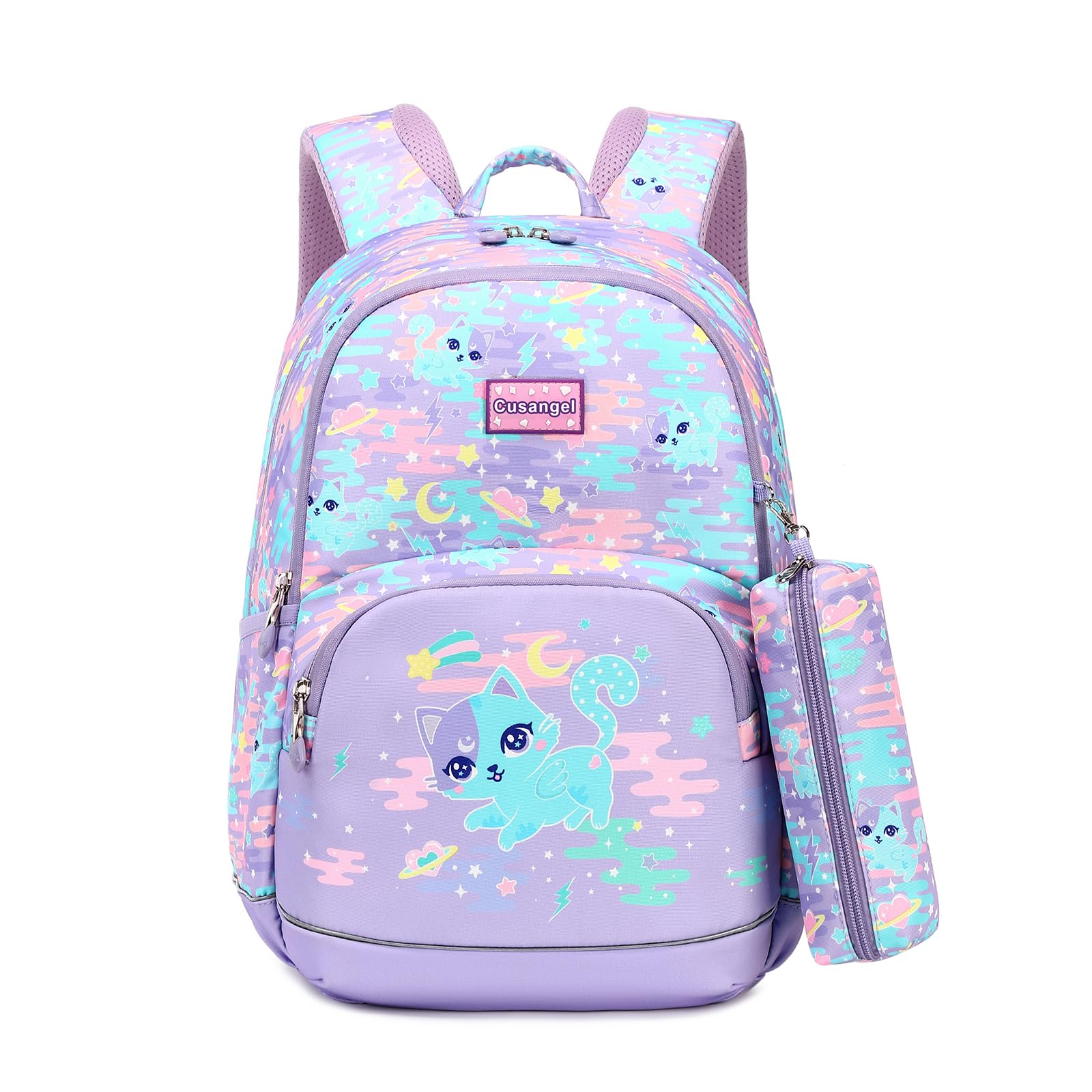 Cusangel Cat Backpack For Kids Girls,in 5-10 Ages Elementary and Toddler,Cute Daycare Backpack,18L kindergarten bookbag Lightweight Girls Backpacks