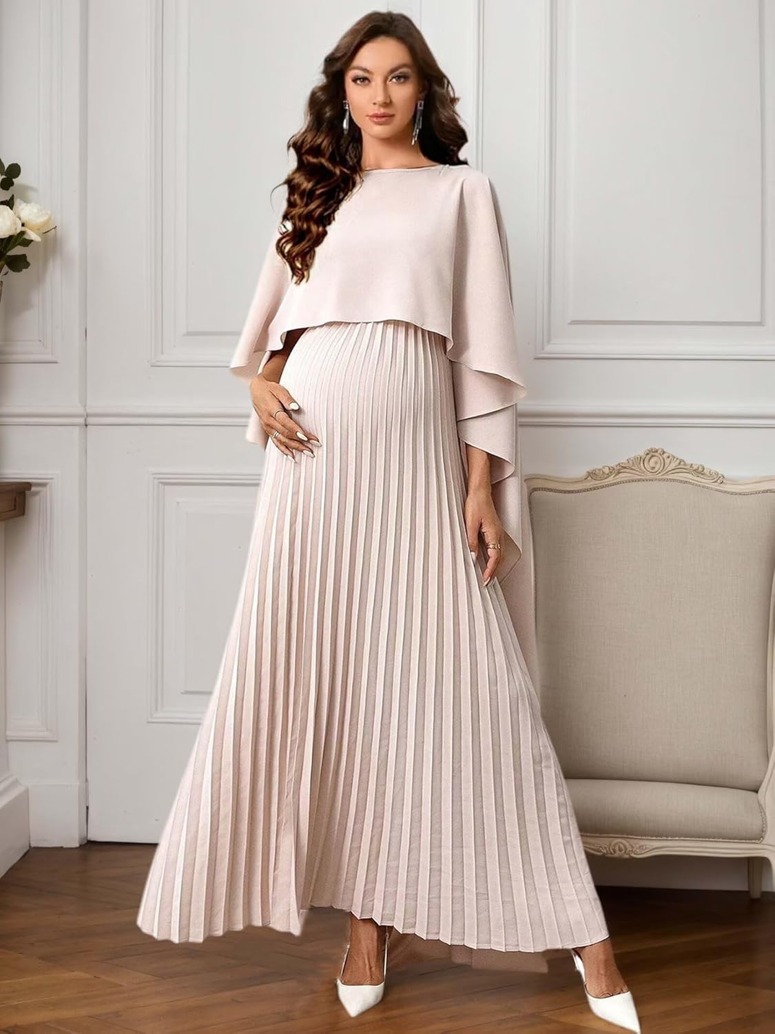 Xyiveaf Pleated Satin Maternity Dress with Shawl Long Pregnancy Gown for Photoshoot Baby Shower Party Dresses - Image 5