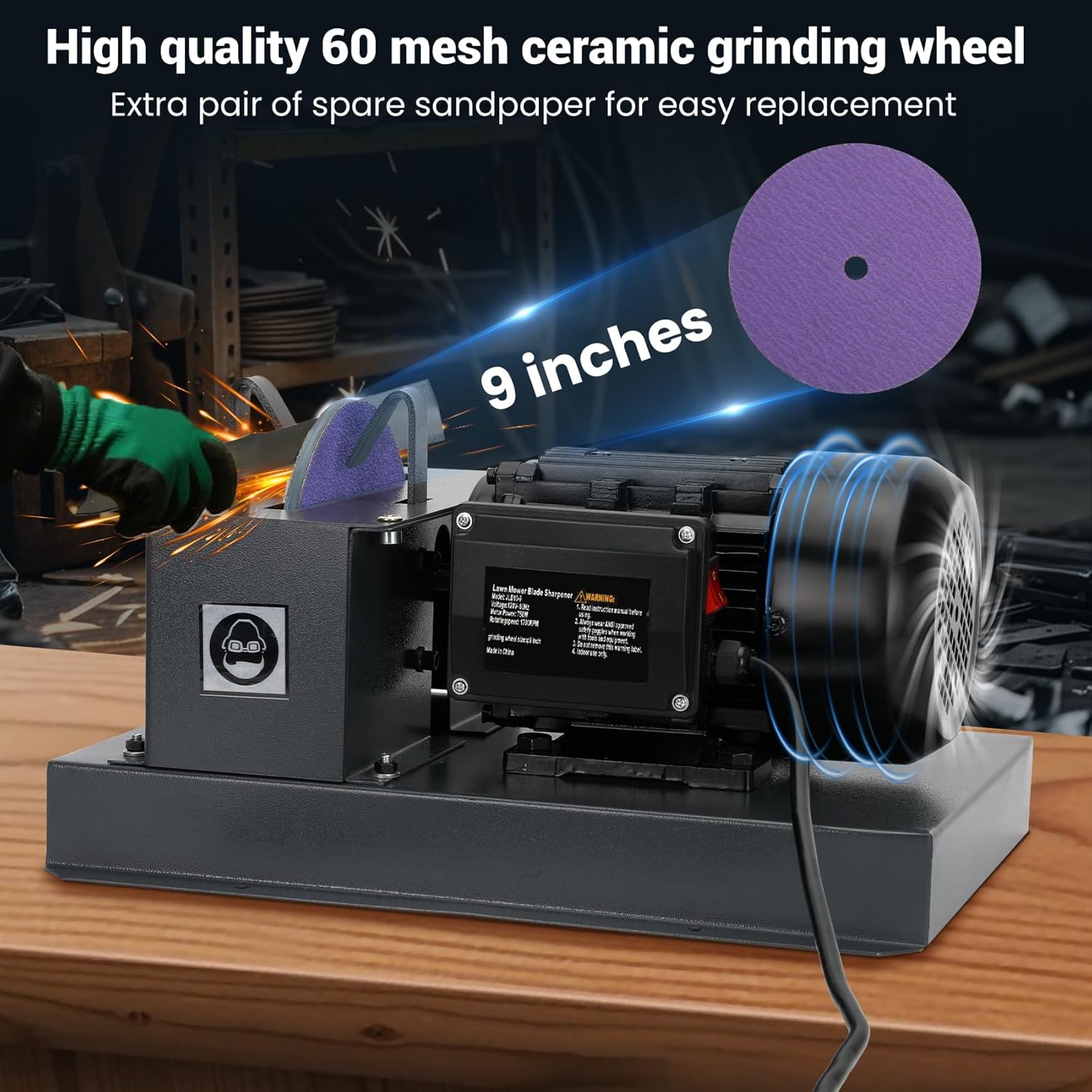 Lawn Mower Blade Bench Grinder, 1HP 750W Lawn Blade Sharpener, Electric Lawn Mower Blade Sharpeners with 30° 40° Adjustable Brackets, 9 Inch Ceramic Sandpaperfor High/Low Lift, Gator, Flat Blades
