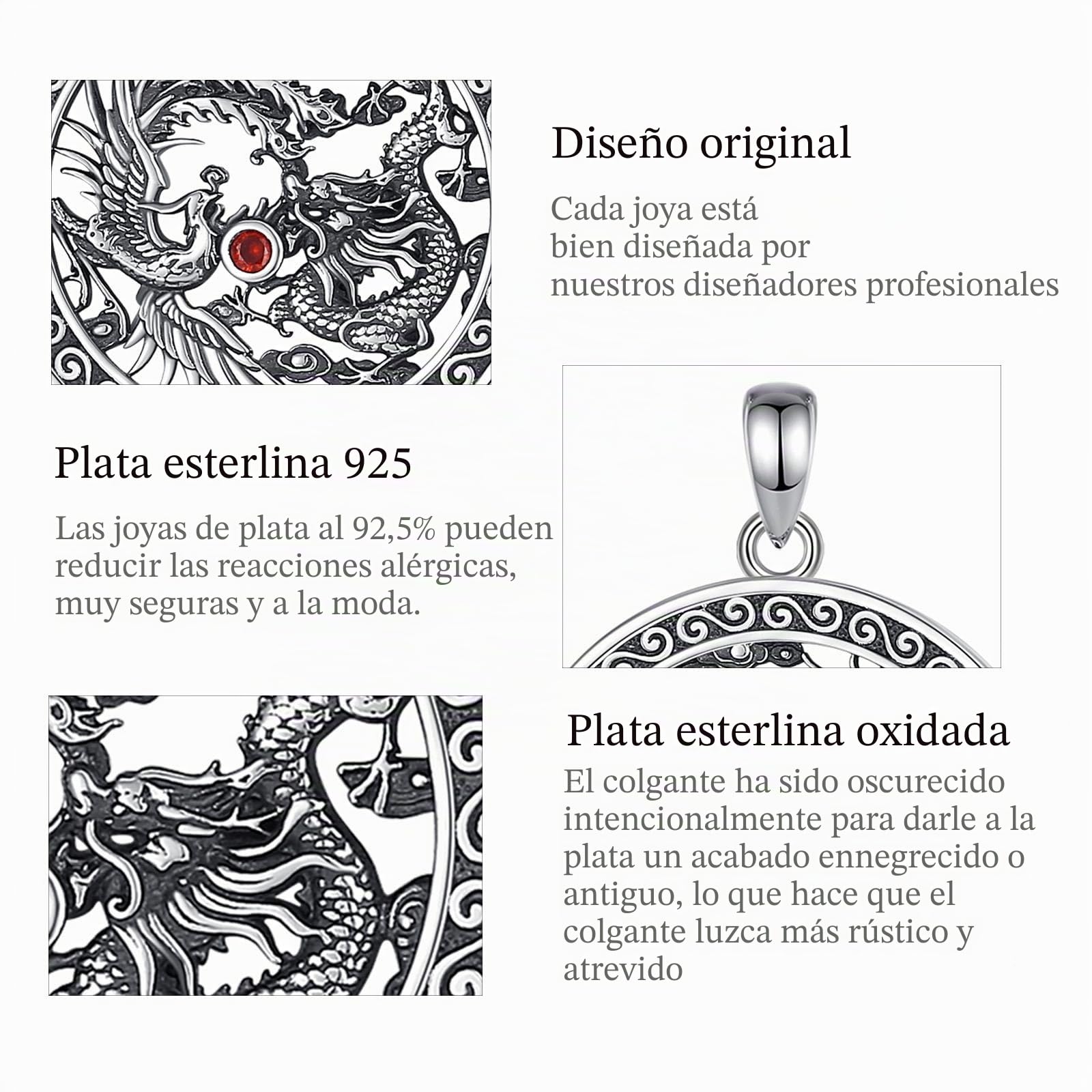 CELESTIA Colgante Dargon y Fénix Mujer Hombre Collar Yin Yang Plata de Ley 925 Turquesa Joyería Regalos para Pareja Madre y Padre- Cadena Acero Inoxidable