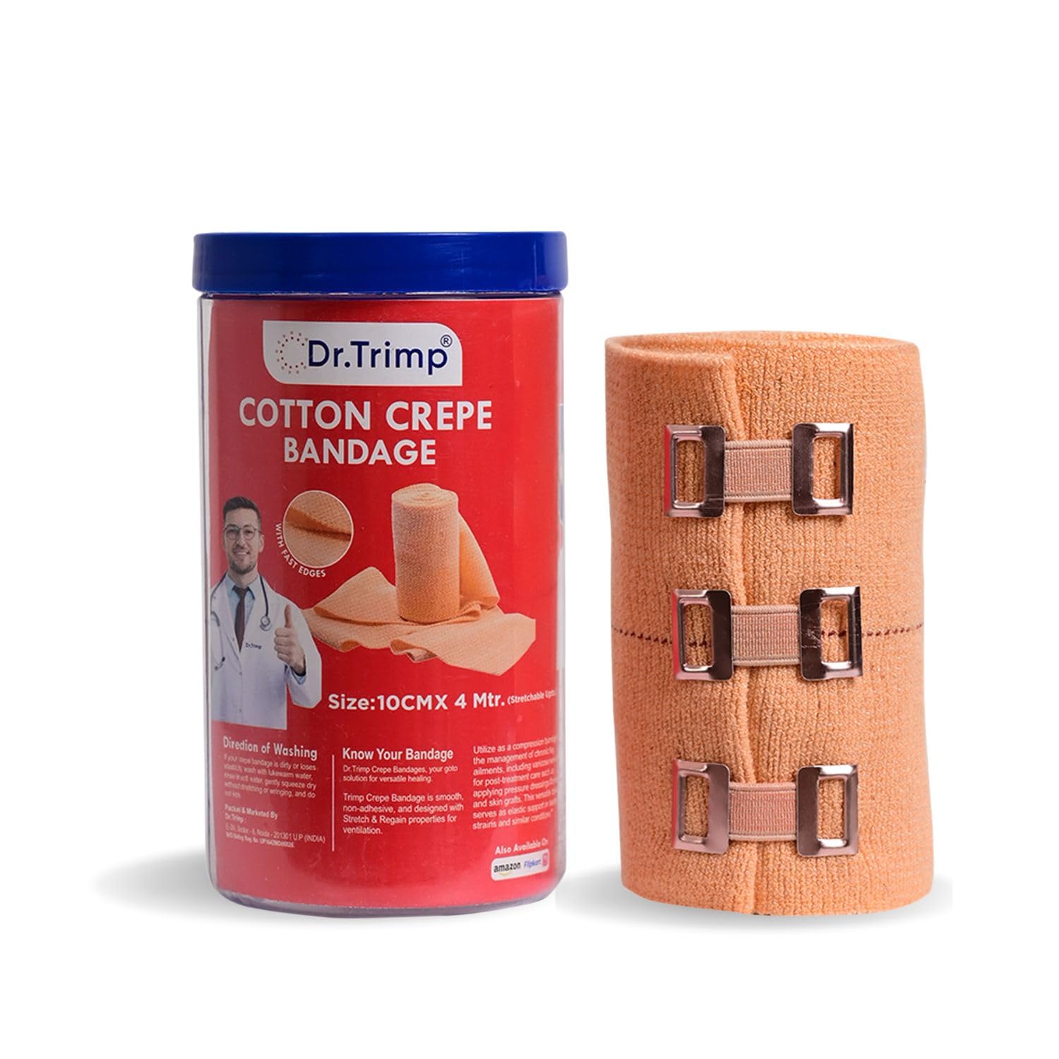 Cotton Crepe Bandage 10cm X 4mtr with Flexible Clips | Pain Relief Garam Patti for Injury & Muscle Compression | Ideal for Hand, Leg, Wrist, Knee, Ankle, Thigh | Pack of 1