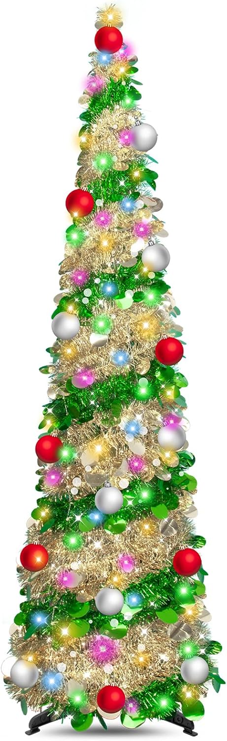 6ft Pencil Christmas Tree - Artificial Collapsible With Timer 100 Lights 15 Balls, Tinsel Decorations for Home Bedroom Fireplace (Pink White)