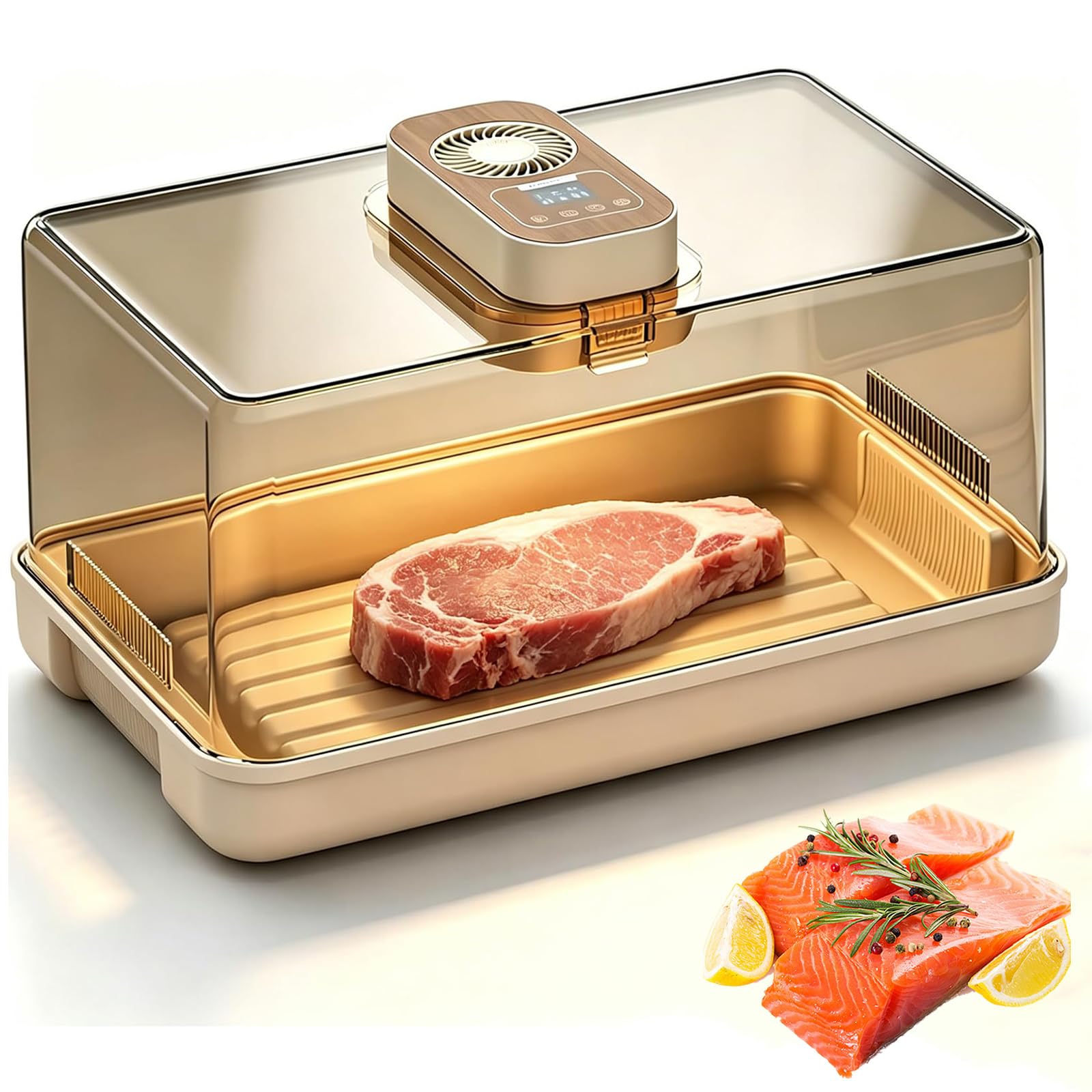 Bandeja eléctrica de descongelación de carne, caja de descongelación inteligente con tapa visual, circulación de aire de 360°, temporizador ajustable y control de temperatura para carne congelada