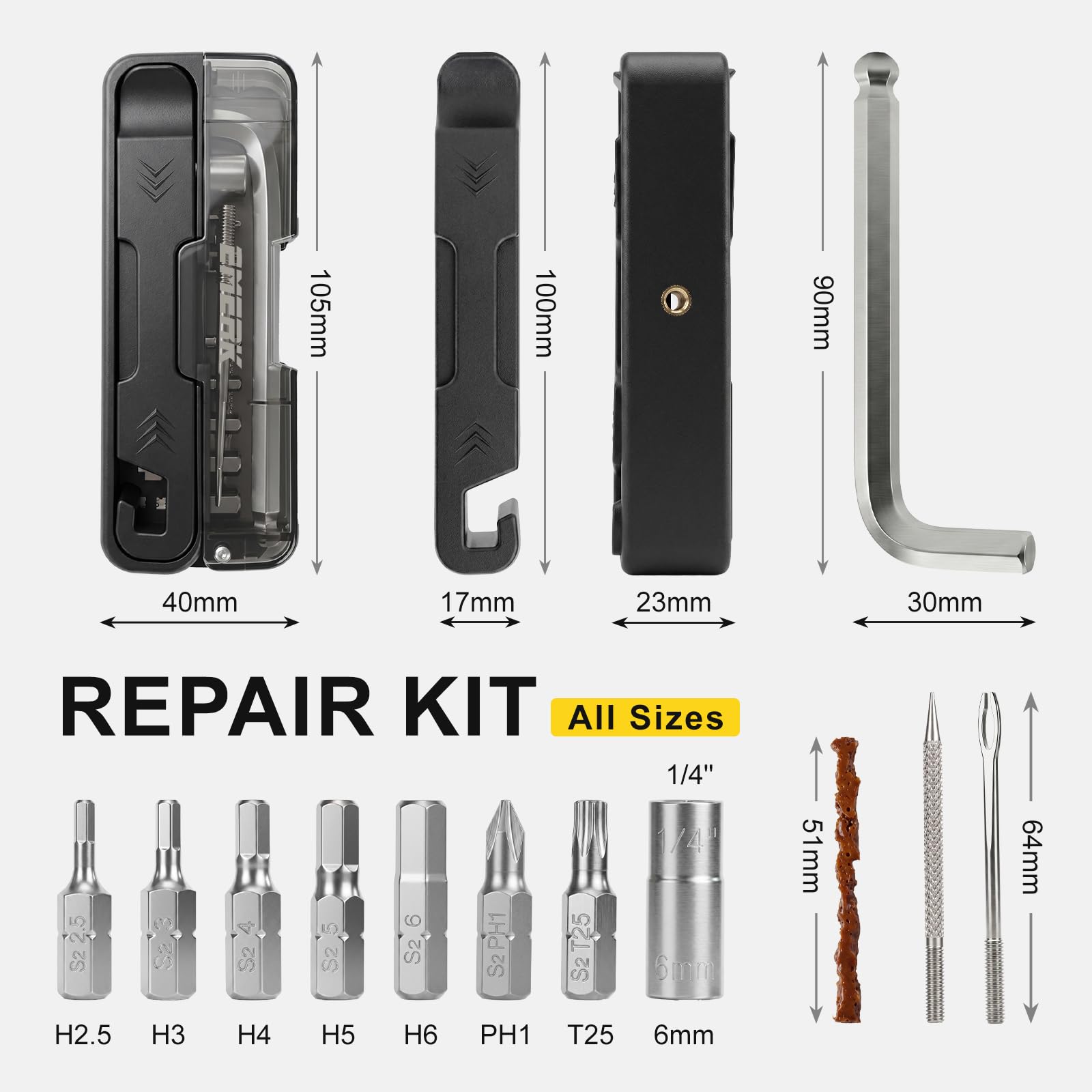 EMERK Fahrrad-Reparatur-Werkzeug-Set, tragbares Fahrrad-Multifunktionswerkzeug mit L-Schlüssel, 7 Bits, 0,6 cm Adapter, Reifenheber und schlauchloses Reifenstecker-Set für Straße, Mountain und E-Bikes