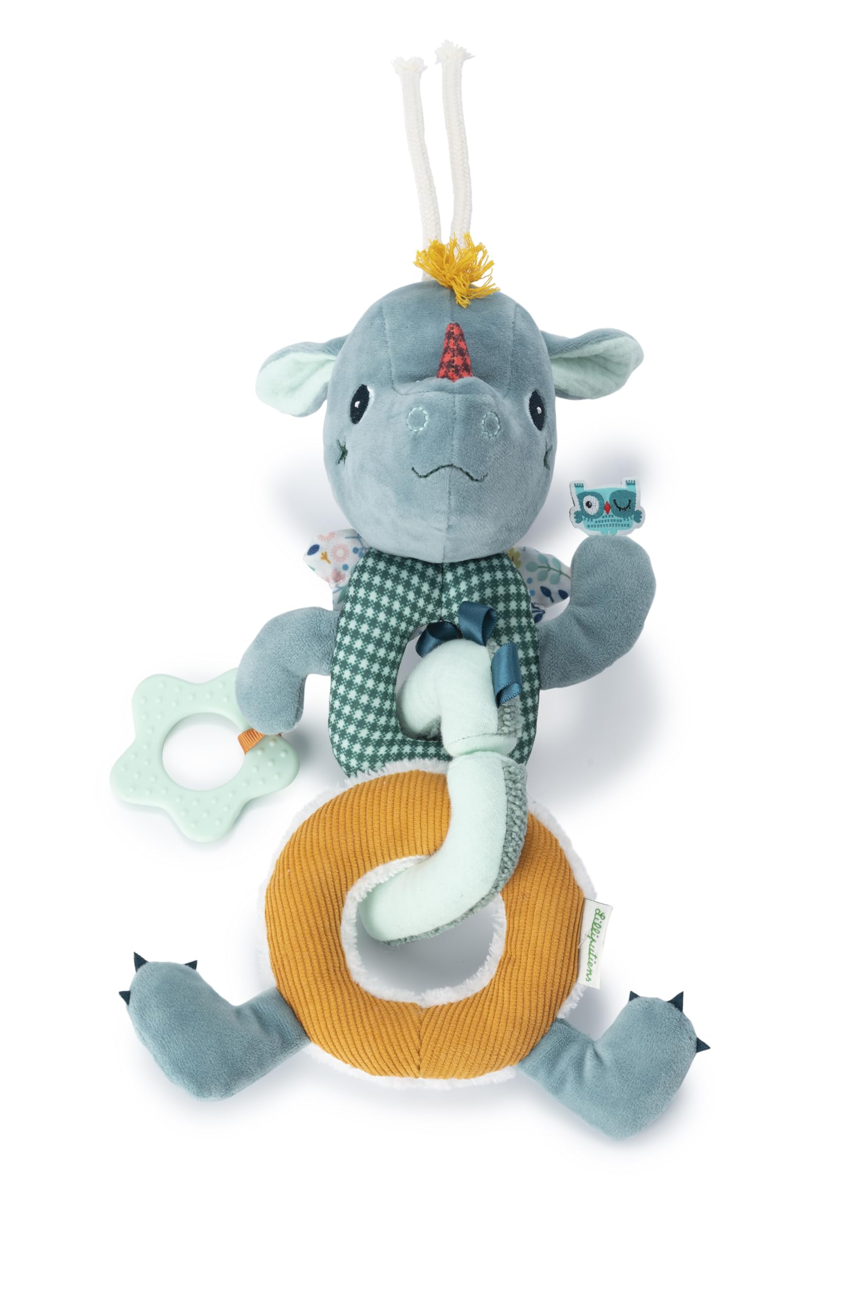 LILLIPUTIENS - Joe the Dragon Sensory Activity Chain - Hanging Awakening Toy with Rattle, Teething Ring, and Varied Textures - Develops Senses and Motor Skills - From 6 Months - 83428