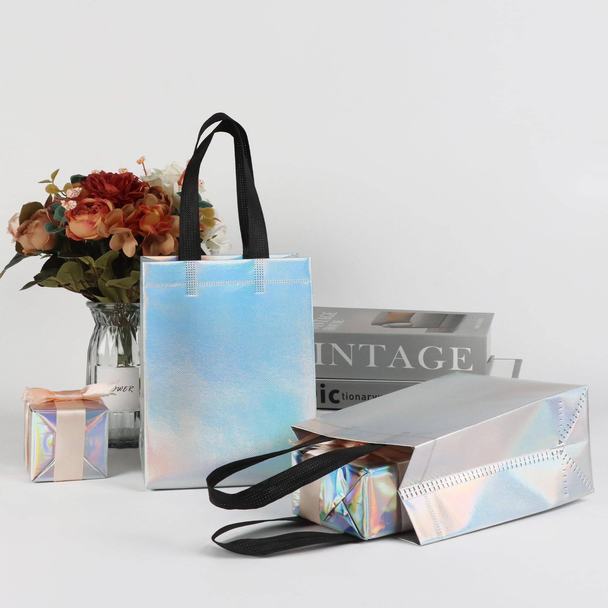 JCBZAMZ 25 Pack Iridescent Reusable Gift Bags with Handles Bulk, Holographic Rainbow Small Gift Bag for Women Kids, Eco-Friendly Non-Woven Party Favor Goodie Bags for Birthday, Valentine, Baby Shower, Wedding Treats