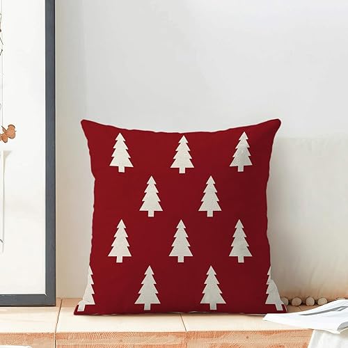 Miniatura 4 de Juego de 2 fundas de almohada de Navidad de 18 x 18 pulgadas, diseño geométrico de árbol de Navidad rojo y blanco, fundas de almohada de lino para