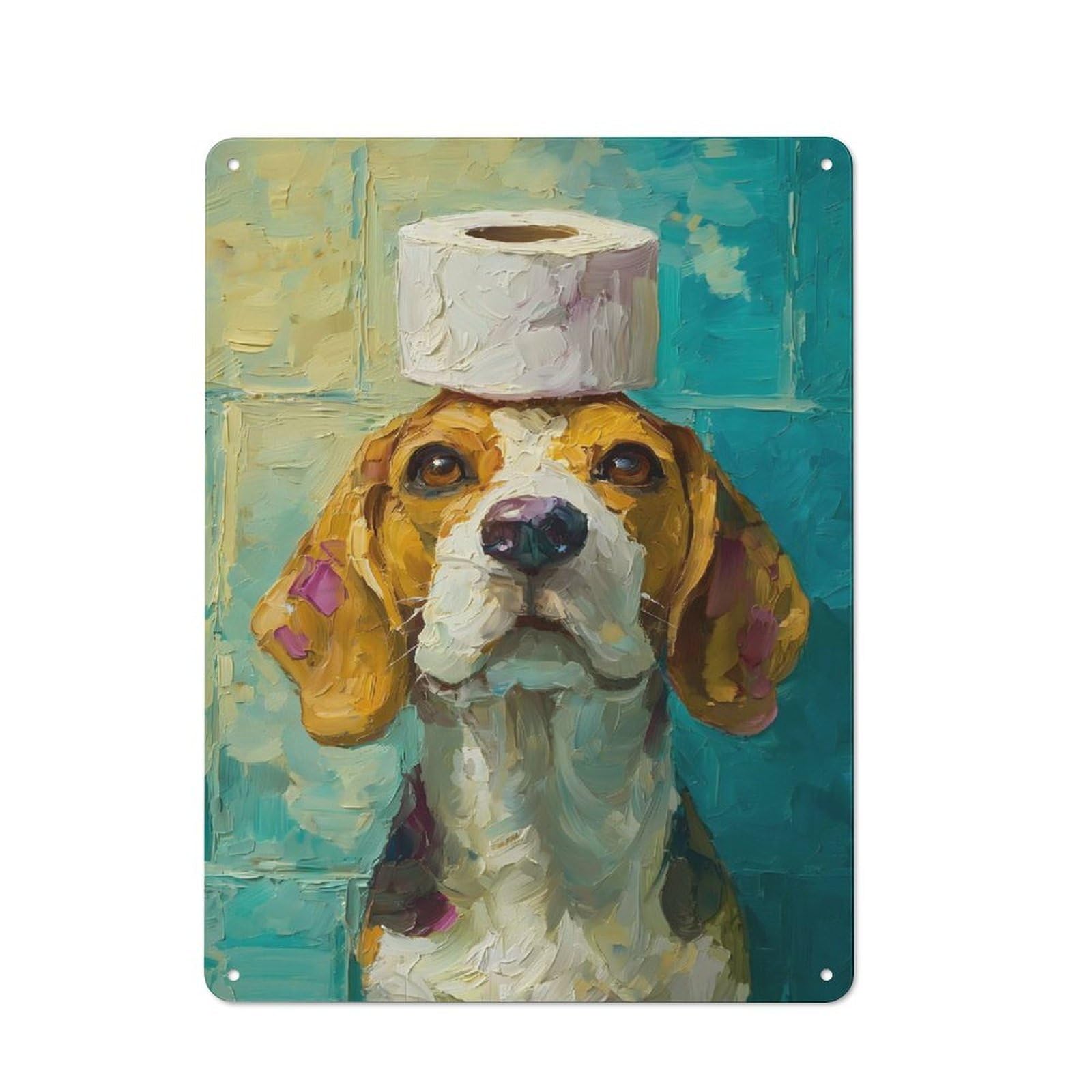 Junmoney Style-13 Retro Metal Plaque 40X30cm Featuring Beagle With Toilet Paper Crown For Workshop Wall, For Metal Sign Collectors, For Garage And Workshop Walls