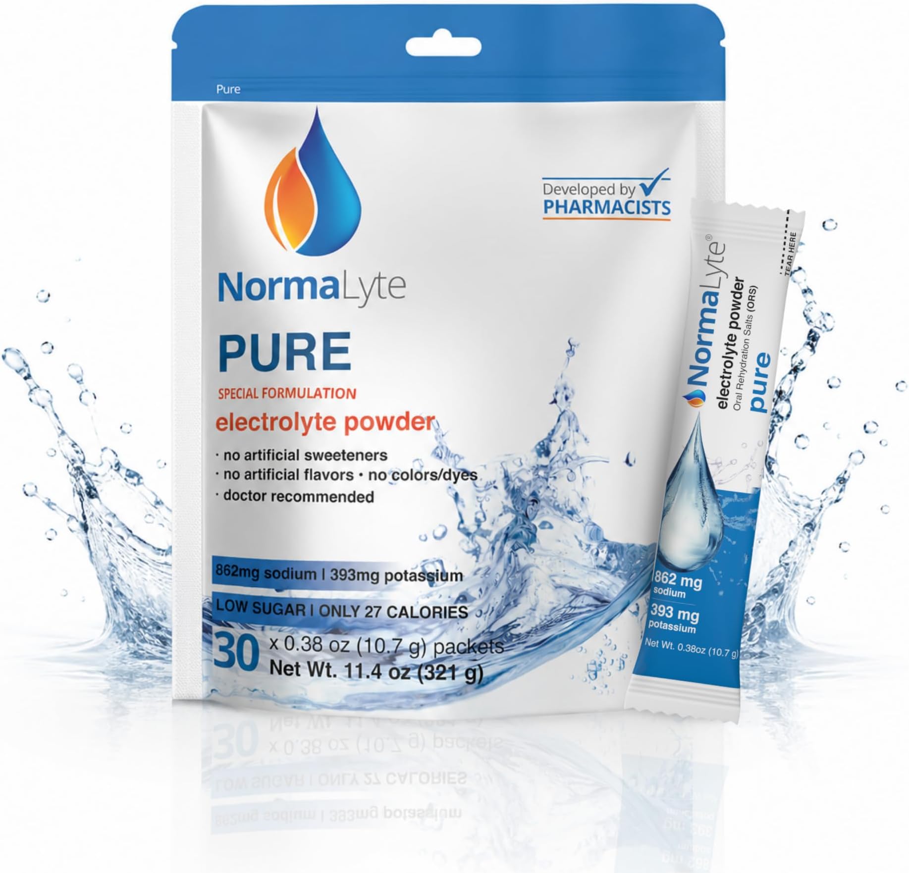 NormaLyte Pure Unflavored | Electrolyte Powder Packets | Sodium & Potassium Hydration Drink Mix | 30 Count | No Dyes, No Stevia