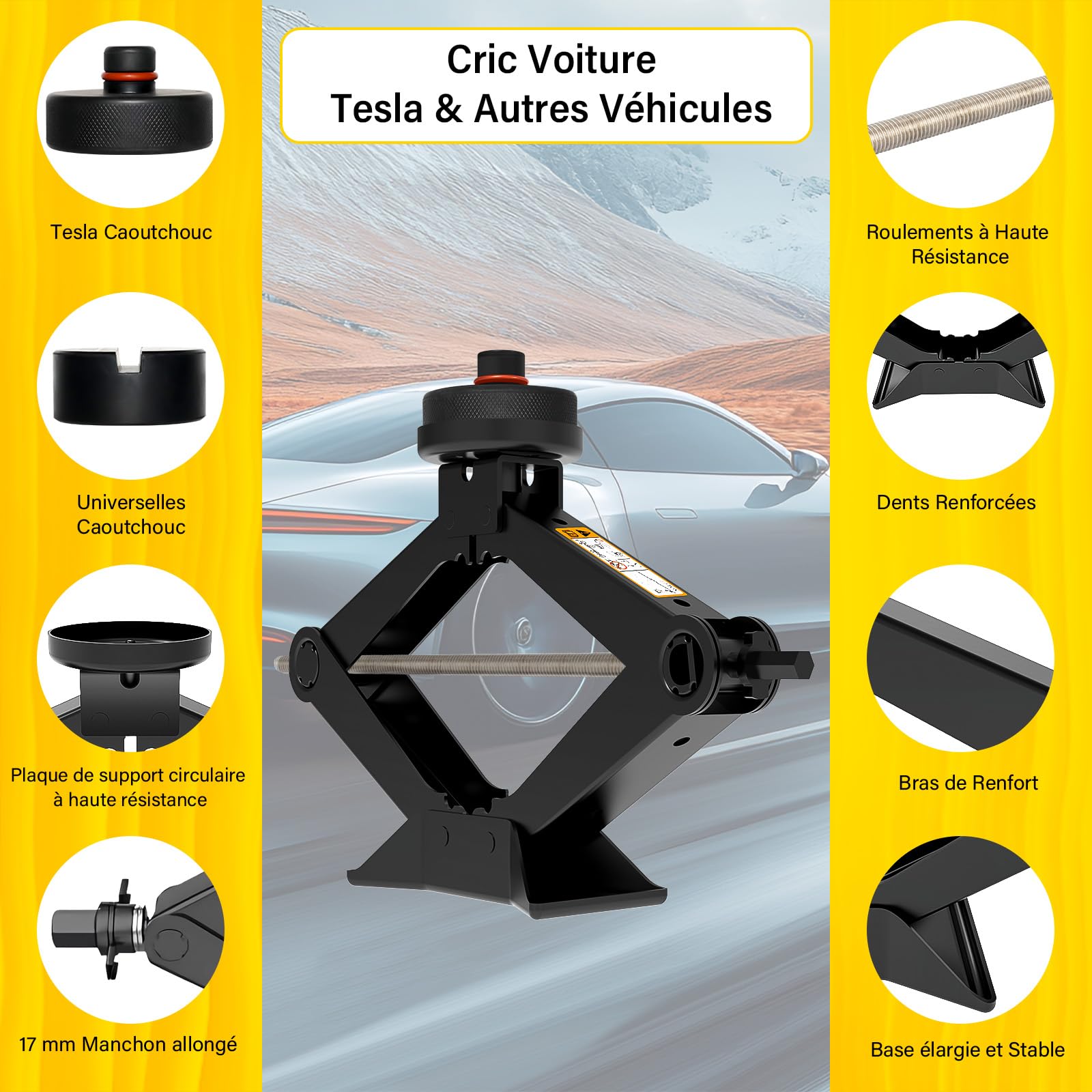 Cric Voiture 3T/3000kg, Universel Crique Voiture avec Tampon Caoutchouc,Portable Cric De Levage avec Clé pour Écrous De Roue, Kit d'urgence Automobile pour SUV MPV VoitureTesla