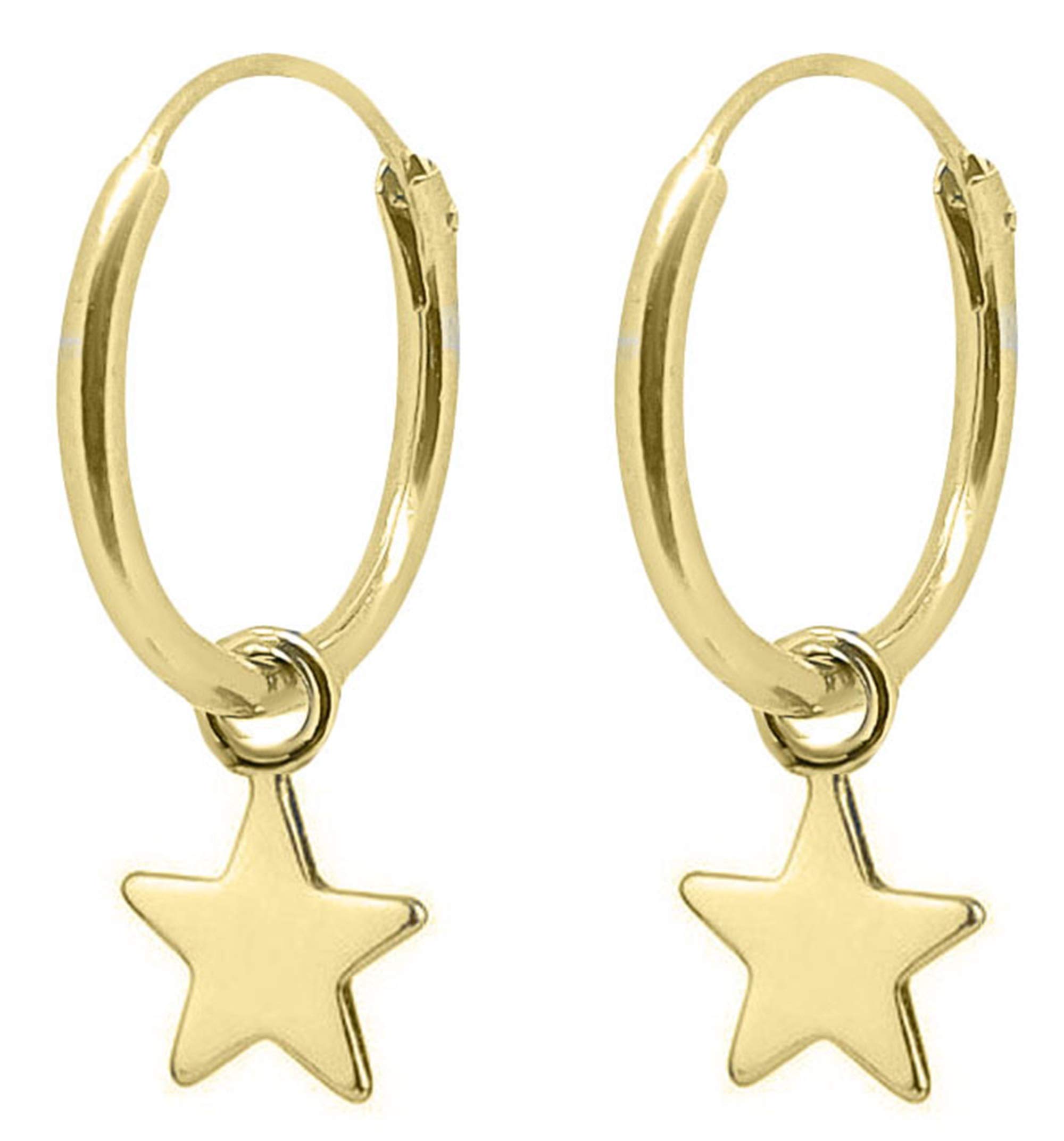 ENTREPLATA Pendientes Aro con Colgante de Plata de Ley 925 Chapado en Oro 24 K. Aretes con Pequeñas Estrellas Doradas