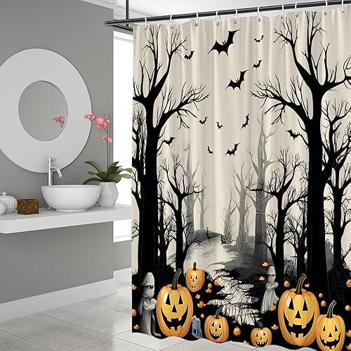 Miniatura 2 de Cortina de ducha de bosque brumoso de terror de Halloween, otoño, calabaza, murciélago, feliz día festivo, decoración del día de todos los santos,