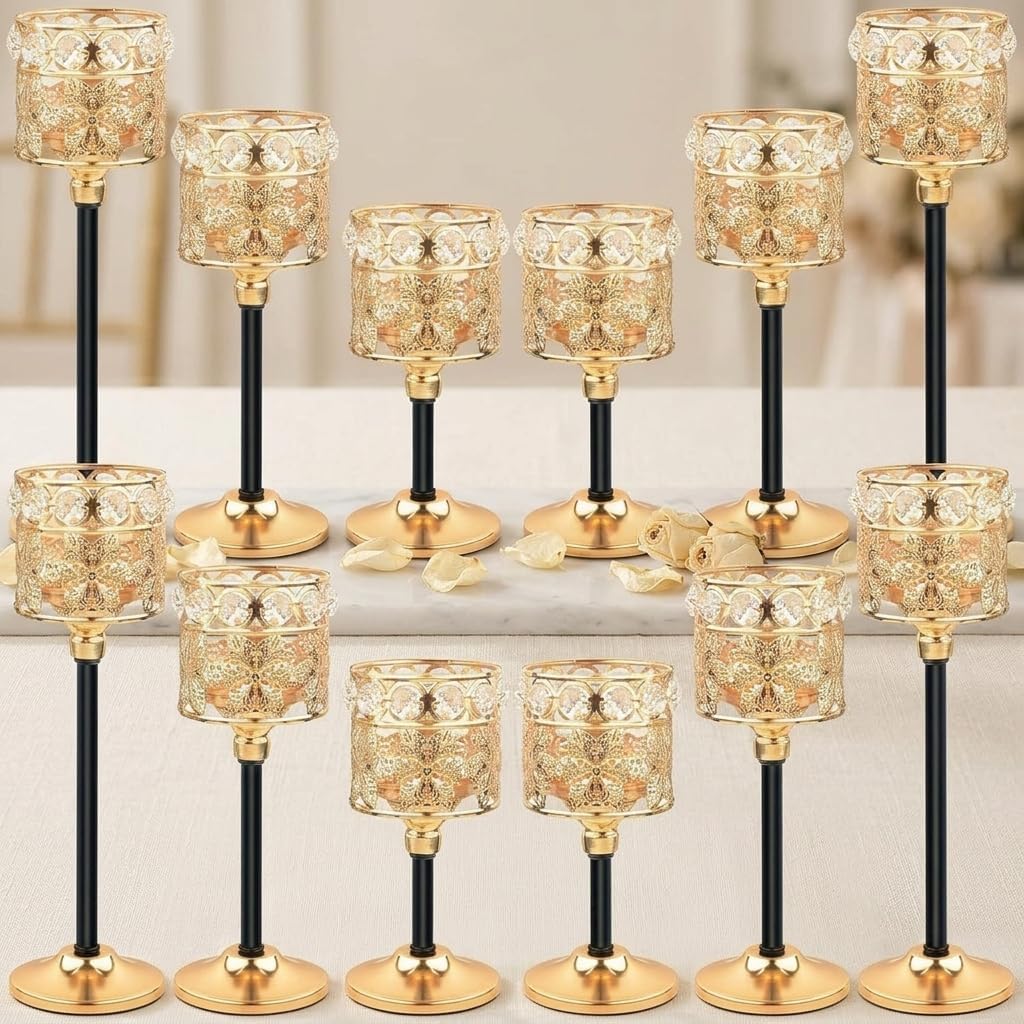 Black Tealight Candelabras Set of 12 Crystal Metal Floral Carved