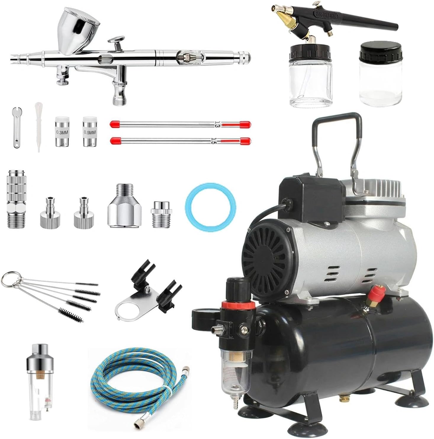 ABEST Complete Professional Airbrush Compressor kit Multi-Purpose Airbrushing System with 2 Airbrushes 0.2MM .3MM .5MM Dual action Gravity Feed Single-action 0.8mm siphon feed and Cool Runner Professional Airbrush Compressor with tank