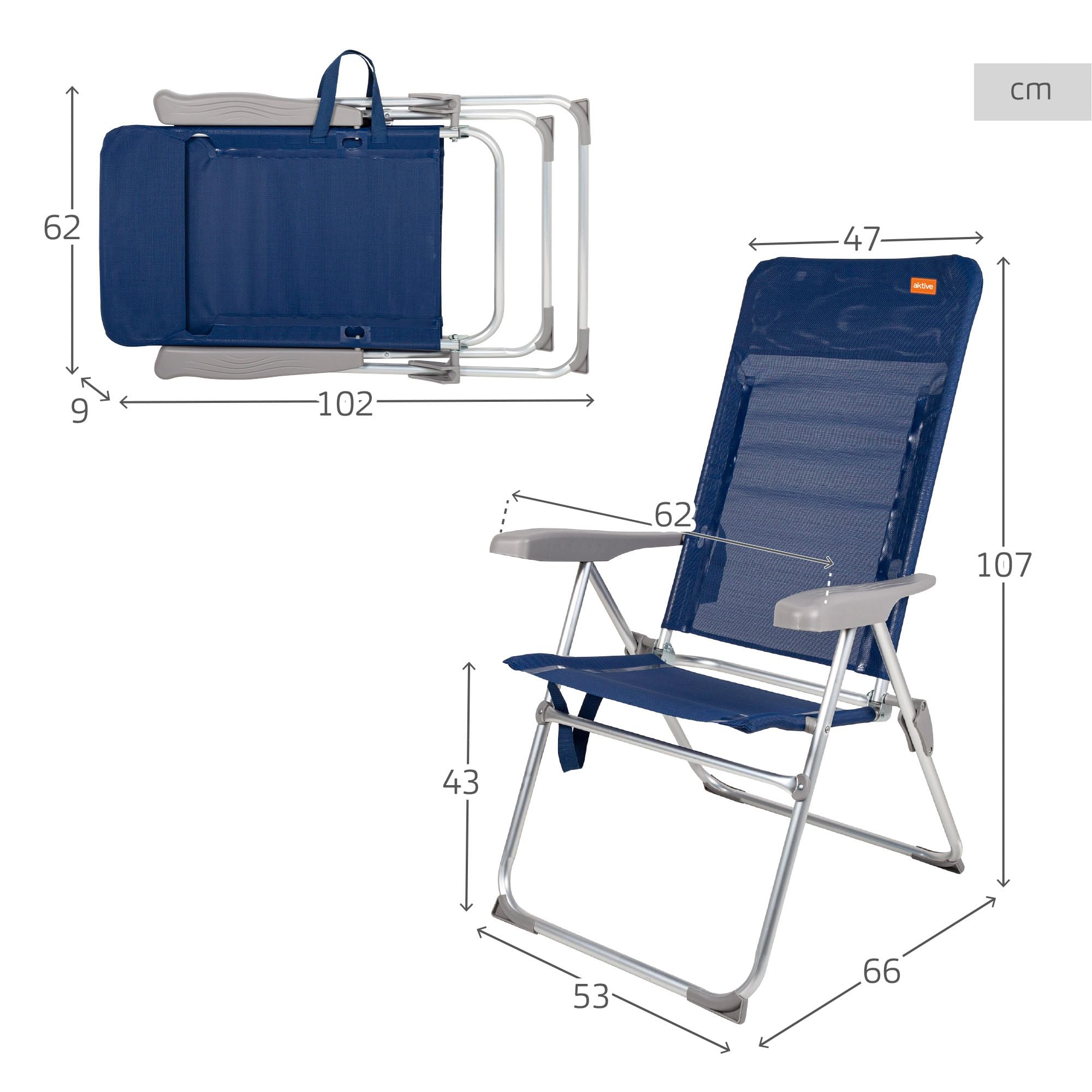 AKTIVE 62662 - Chaise de Plage Pliante Slim Inclinable Bleu Marine, 6 Positions, Dimensions 47X66X107cm, Matière : Aluminium, Robuste, Poids Maximum Supporté 110 kg