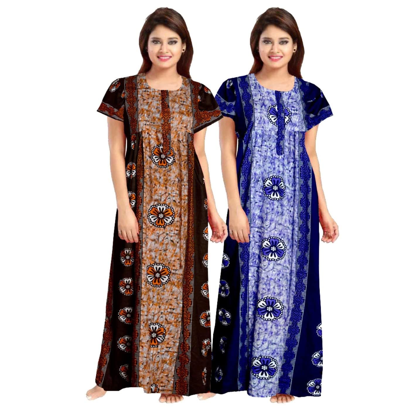 Nighty for Women Cotton Printed Maxi Gown Ankle Length Nighty Night Dress Gown for Women Maxi - Free Size (Pack of 2)