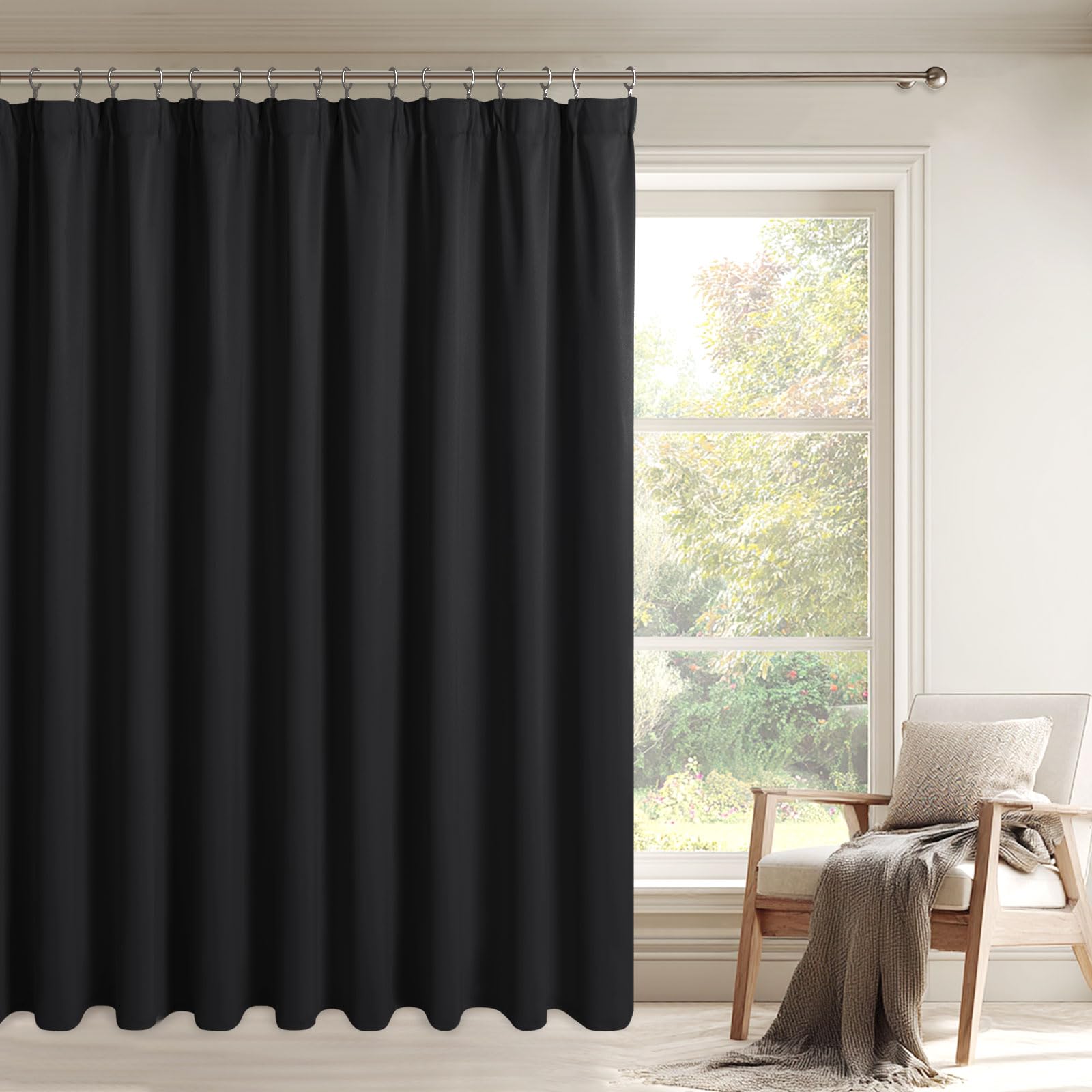 DWCN Schwarz Vorhänge Wohnzimmer Kräuselband 210x200cm(HxB) 1er-Set Raumteiler Gardinen Raumtrenner Thermovorhang Verdunklungsvorhänge mit Vorhang-Krawatten für Schiene Schlafzimmer Kälteschutz